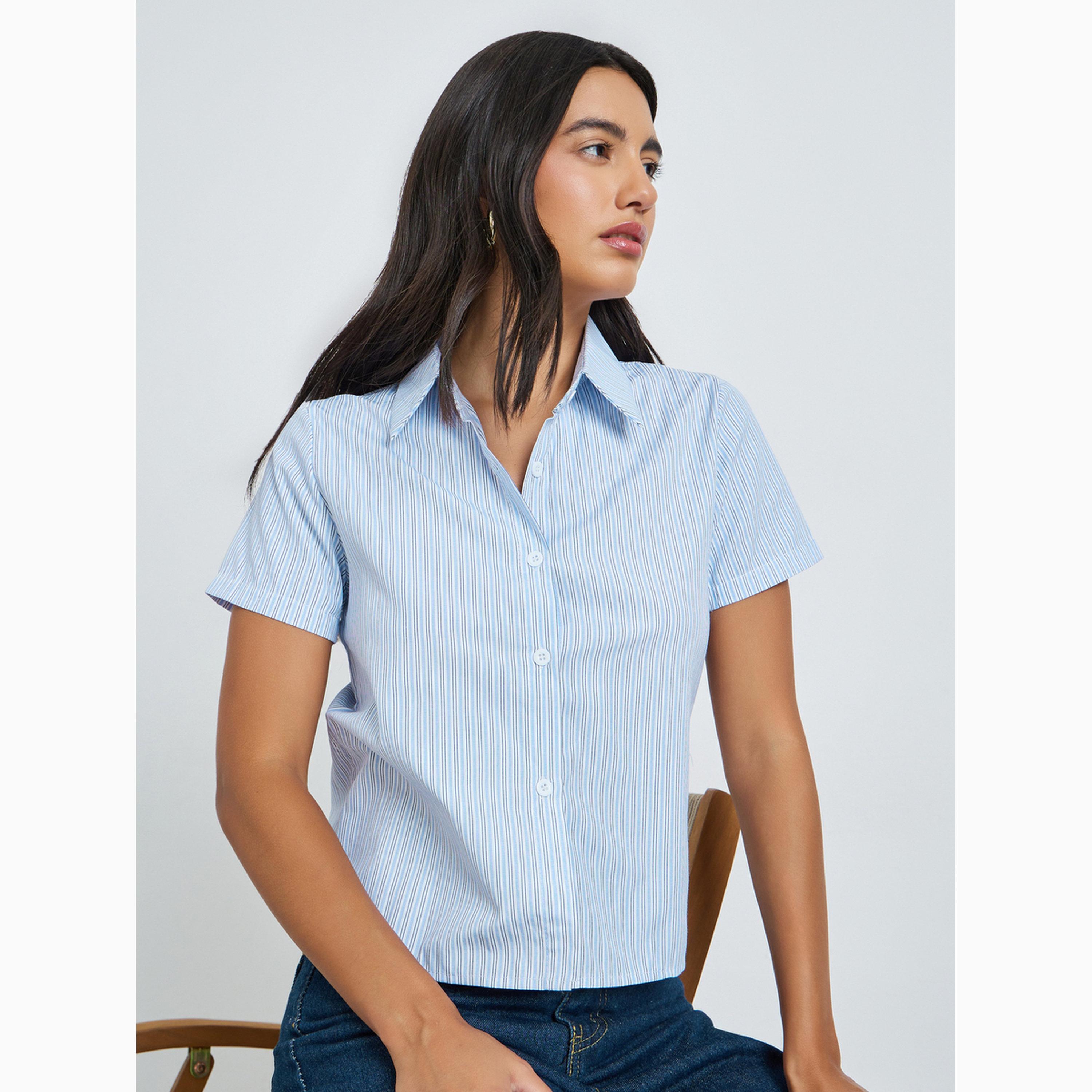 Styli Blue Striped Short Sleeve Shirt-women-clothing-shirtsandblouses-shirts-image-3