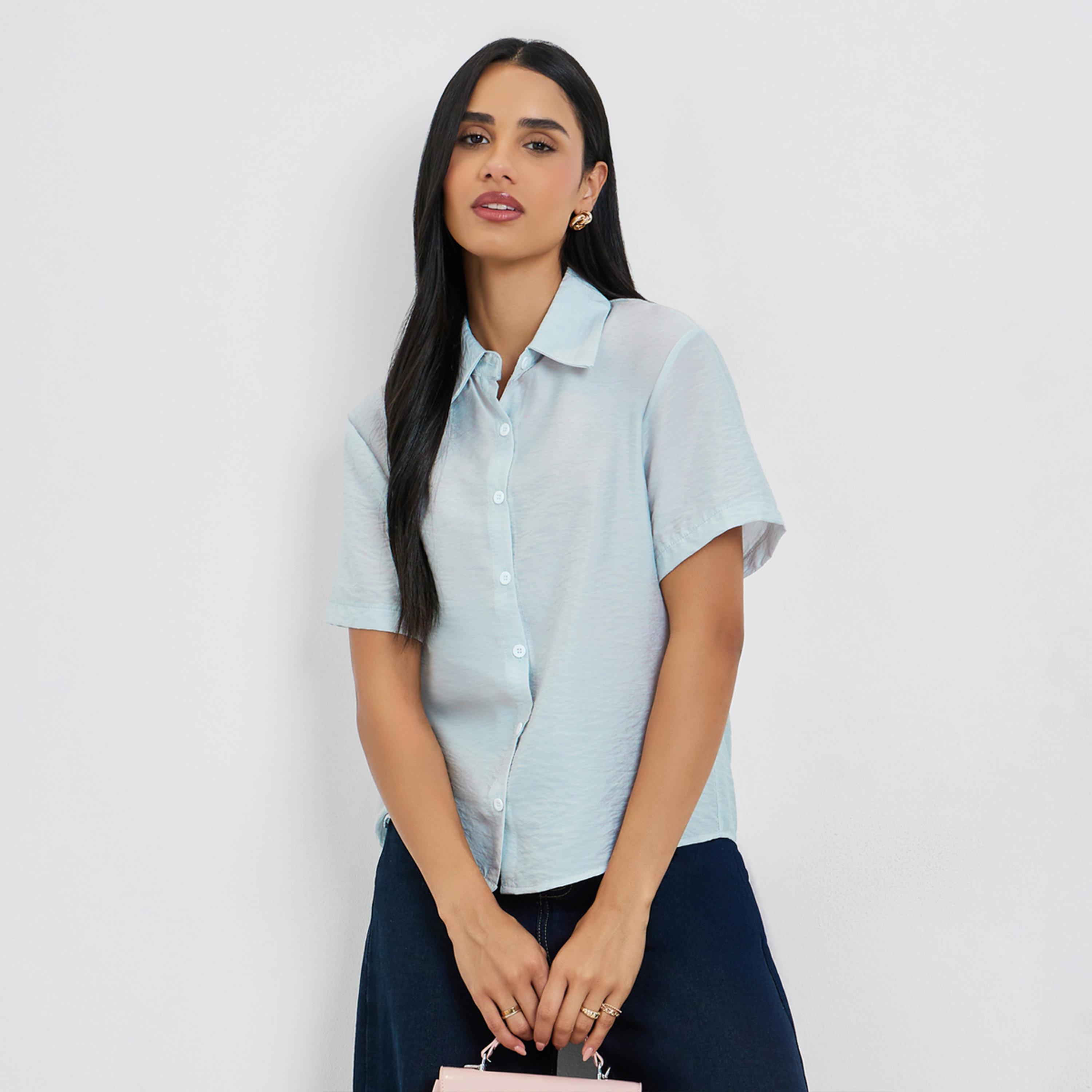 Styli Light Blue Solid Short Sleeve Shirt-women-clothing-shirtsandblouses-shirts-image-1