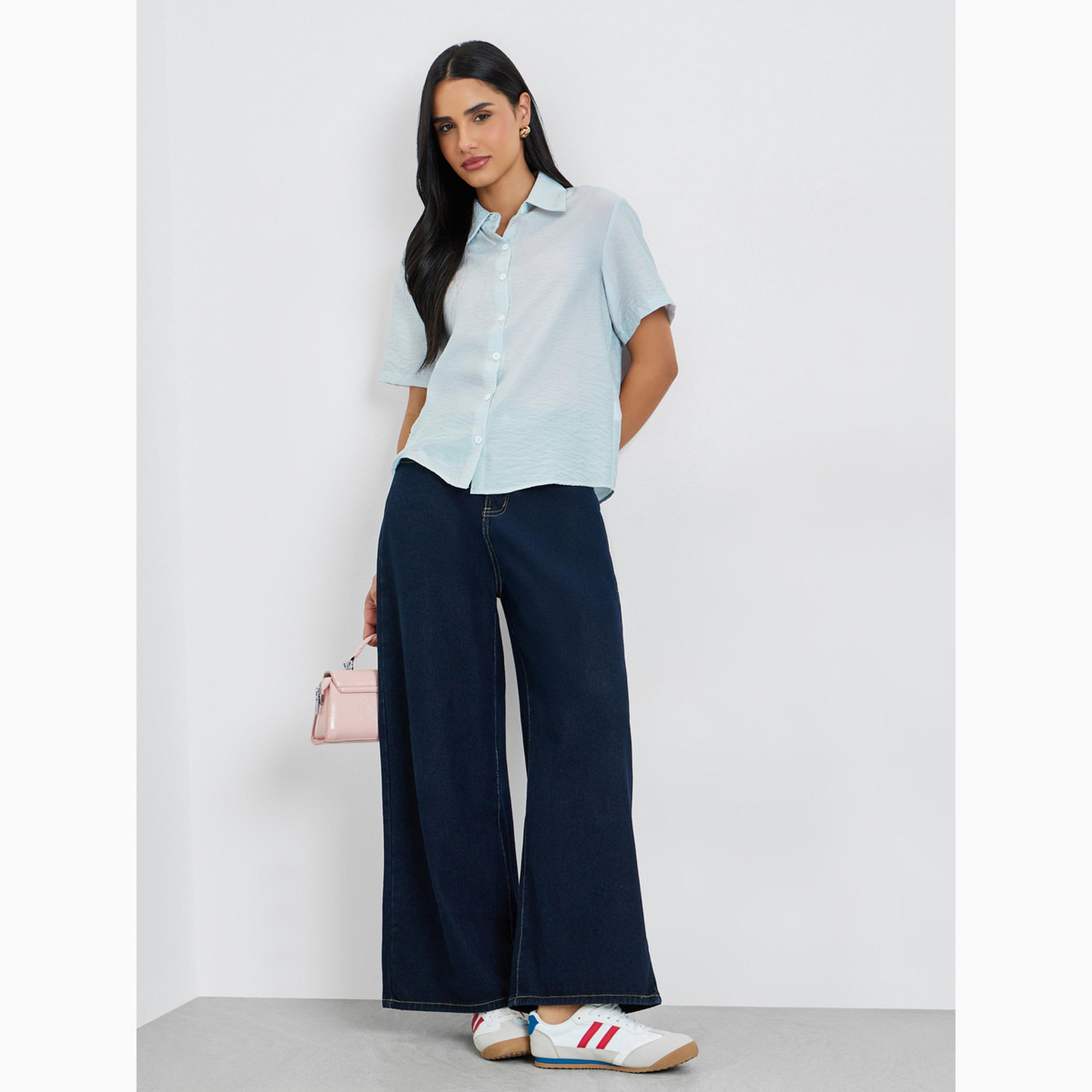 Styli Light Blue Solid Short Sleeve Shirt-women-clothing-shirtsandblouses-shirts-image-2