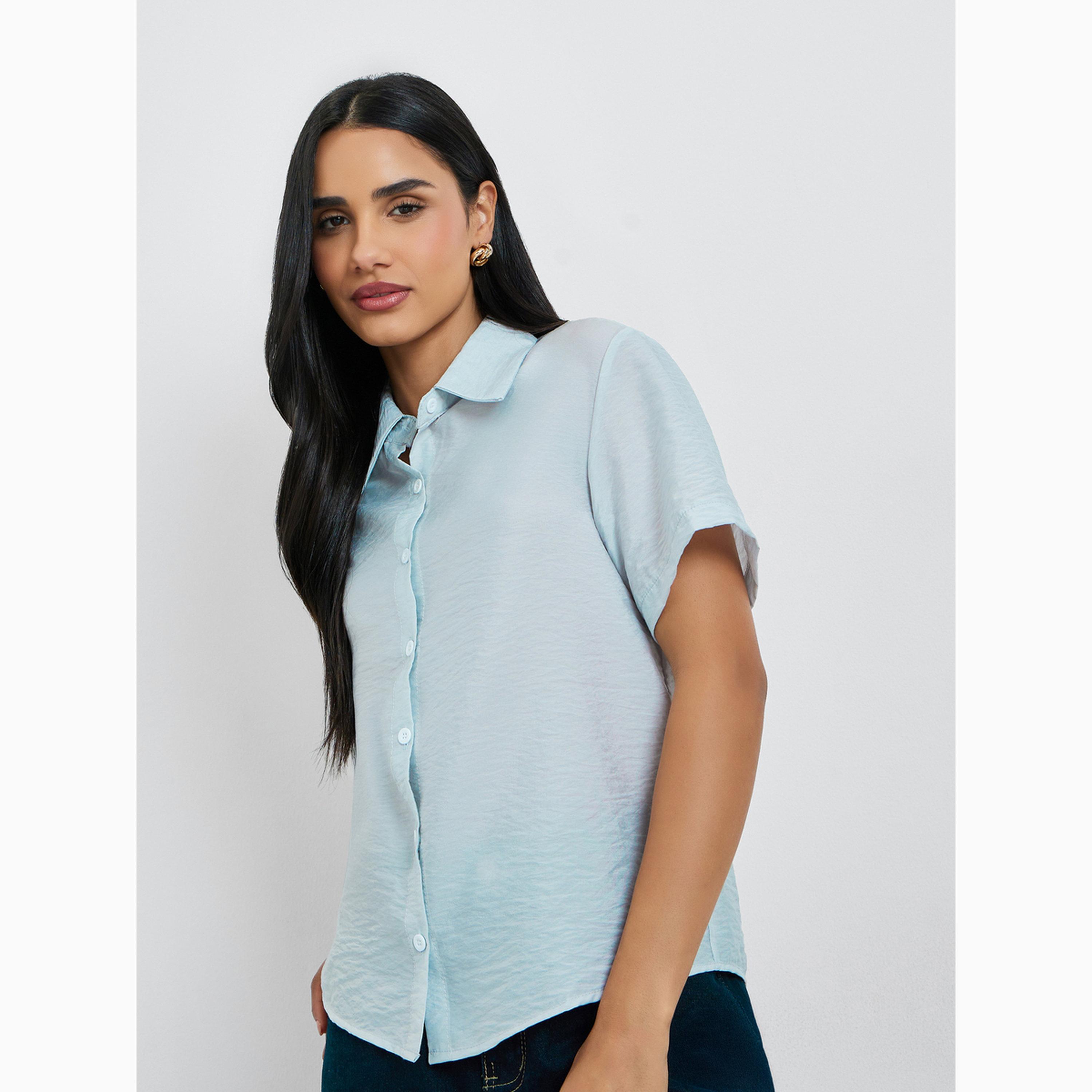 بلوزة سادة بأكمام قصيرة أزرق فاتح-women-clothing-shirtsandblouses-shirts-image-3