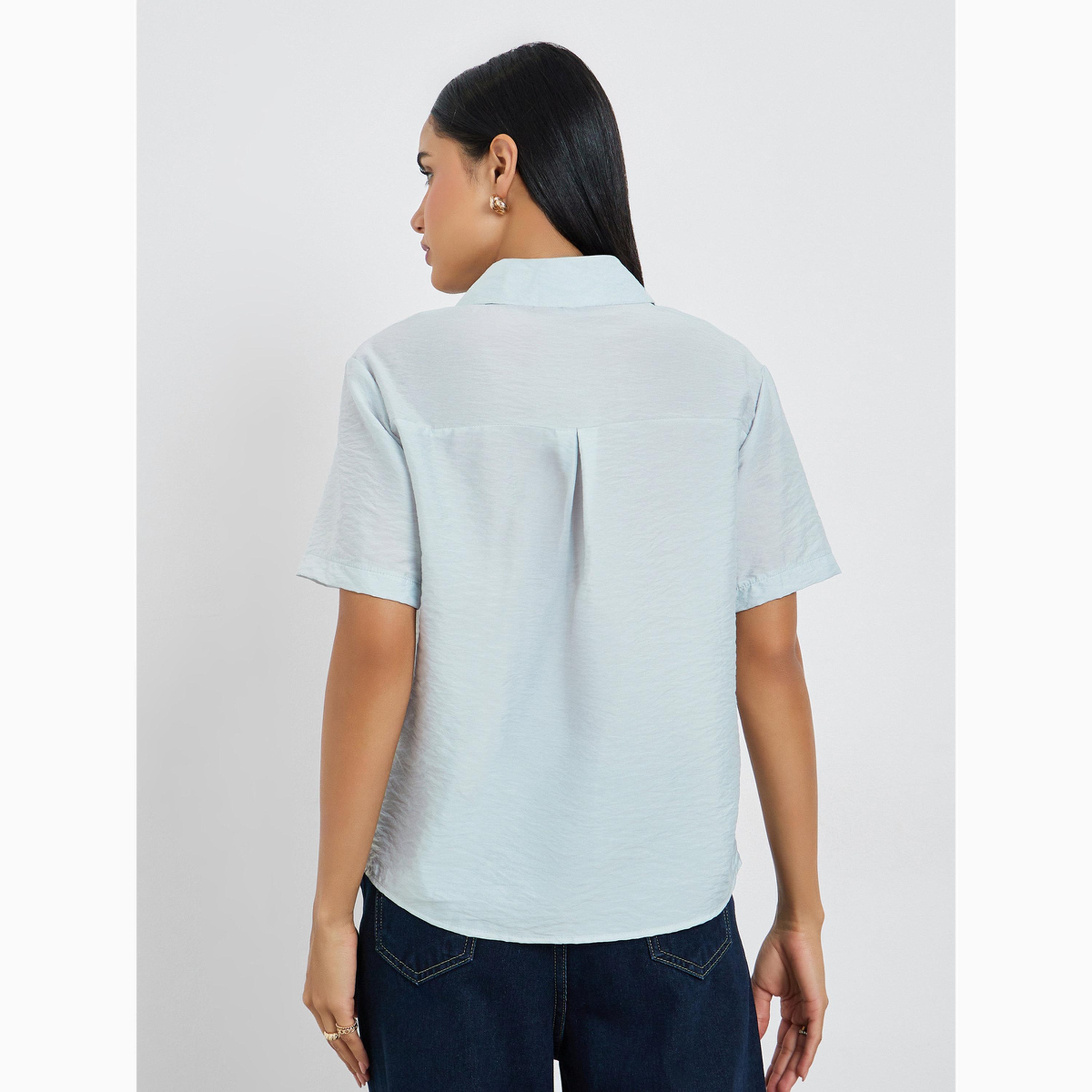 Styli Light Blue Solid Short Sleeve Shirt-women-clothing-shirtsandblouses-shirts-image-5