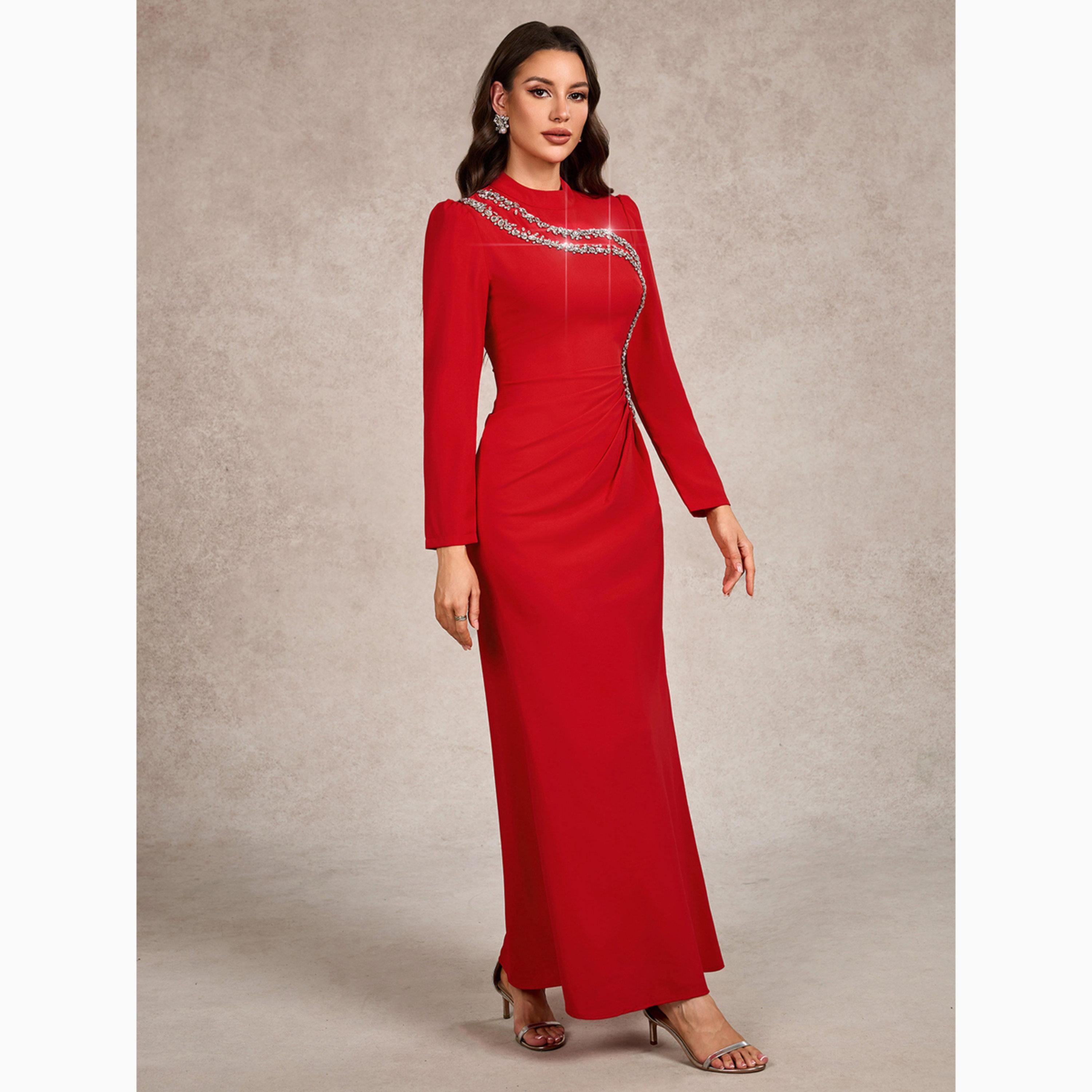 فستان طويل قصة ضيقة وأكمام طويلة مزينة لون أحمر-women-clothing-dresses-image-5