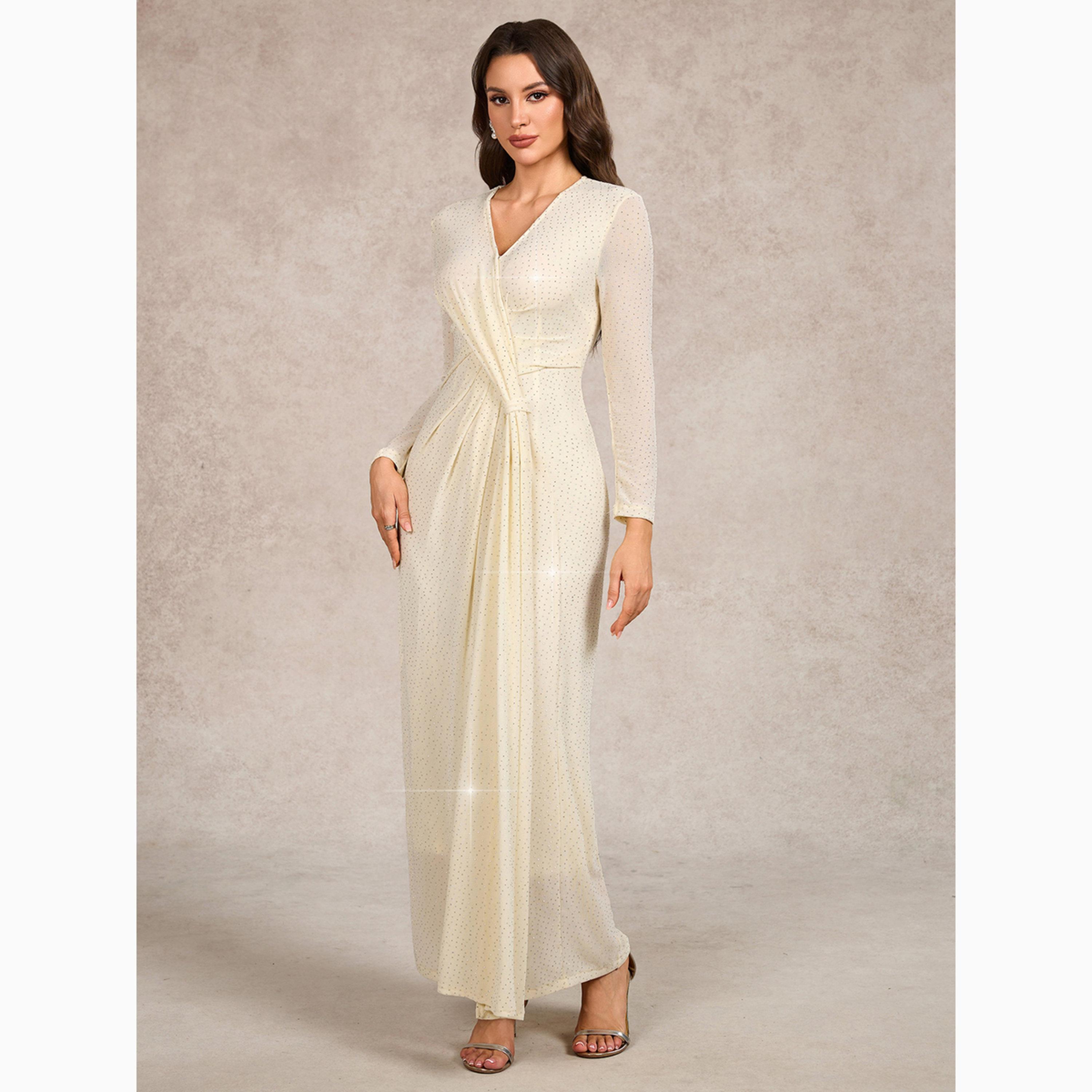 Take Two Beige Embellished V Neck Sheath Maxi Dress-women-clothing-dresses-image-1
