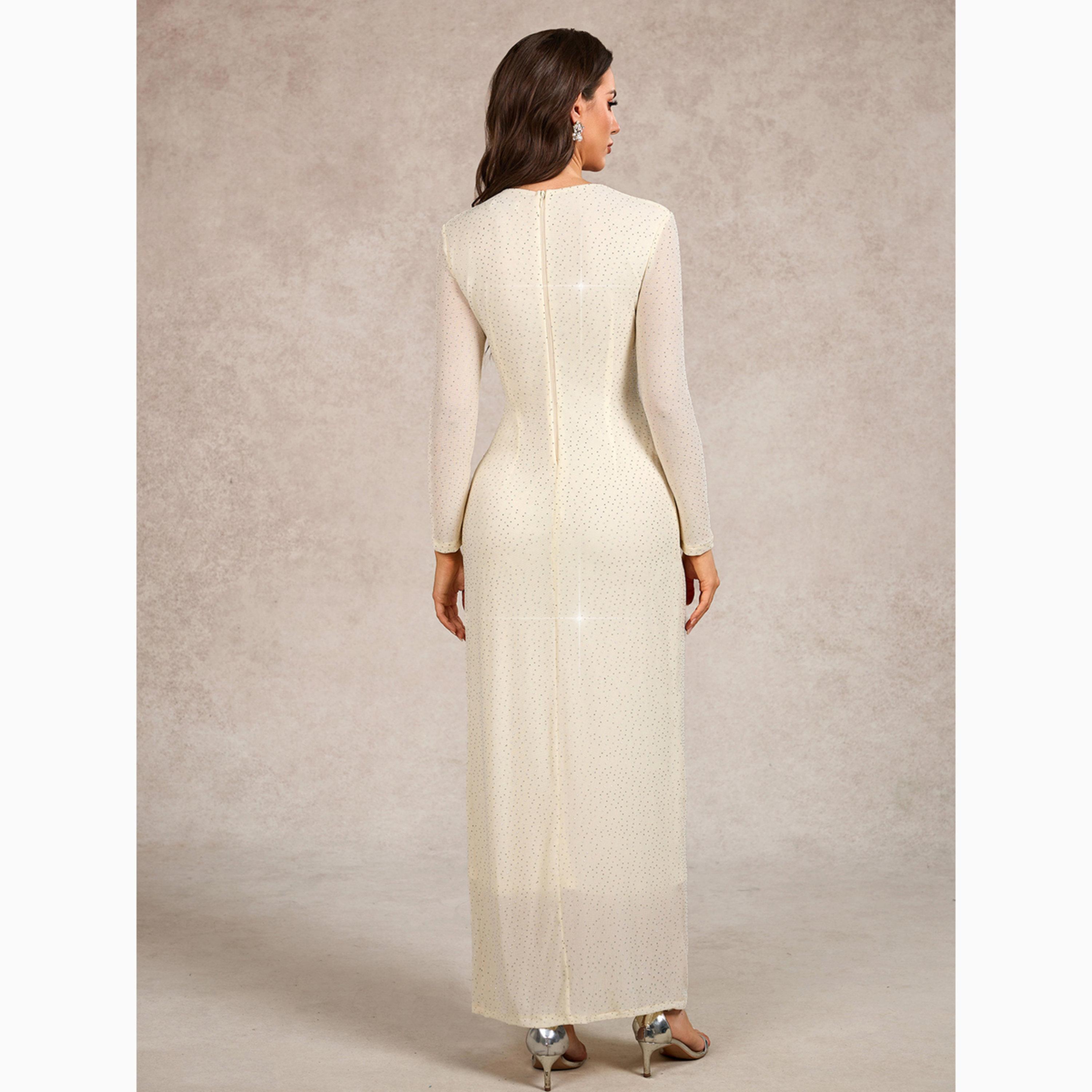 Take Two Beige Embellished V Neck Sheath Maxi Dress-women-clothing-dresses-image-2