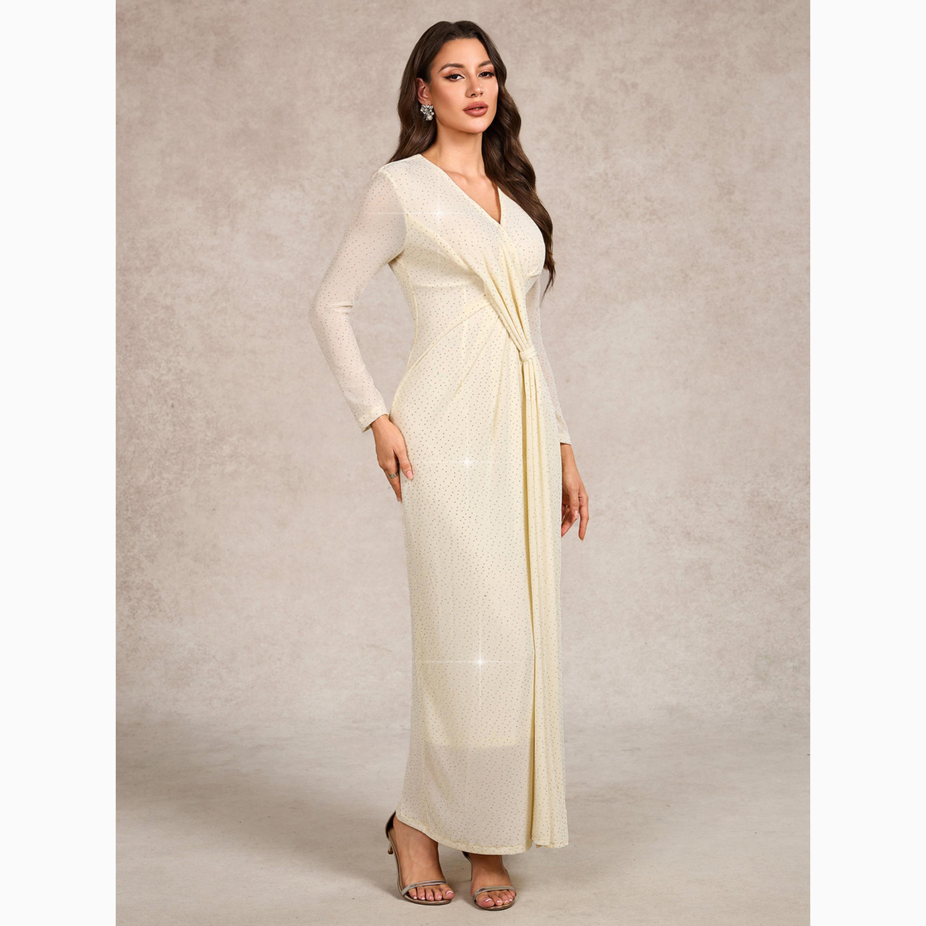 فستان طويل قصة ضيقة ومزين لون بيج-women-clothing-dresses-image-3