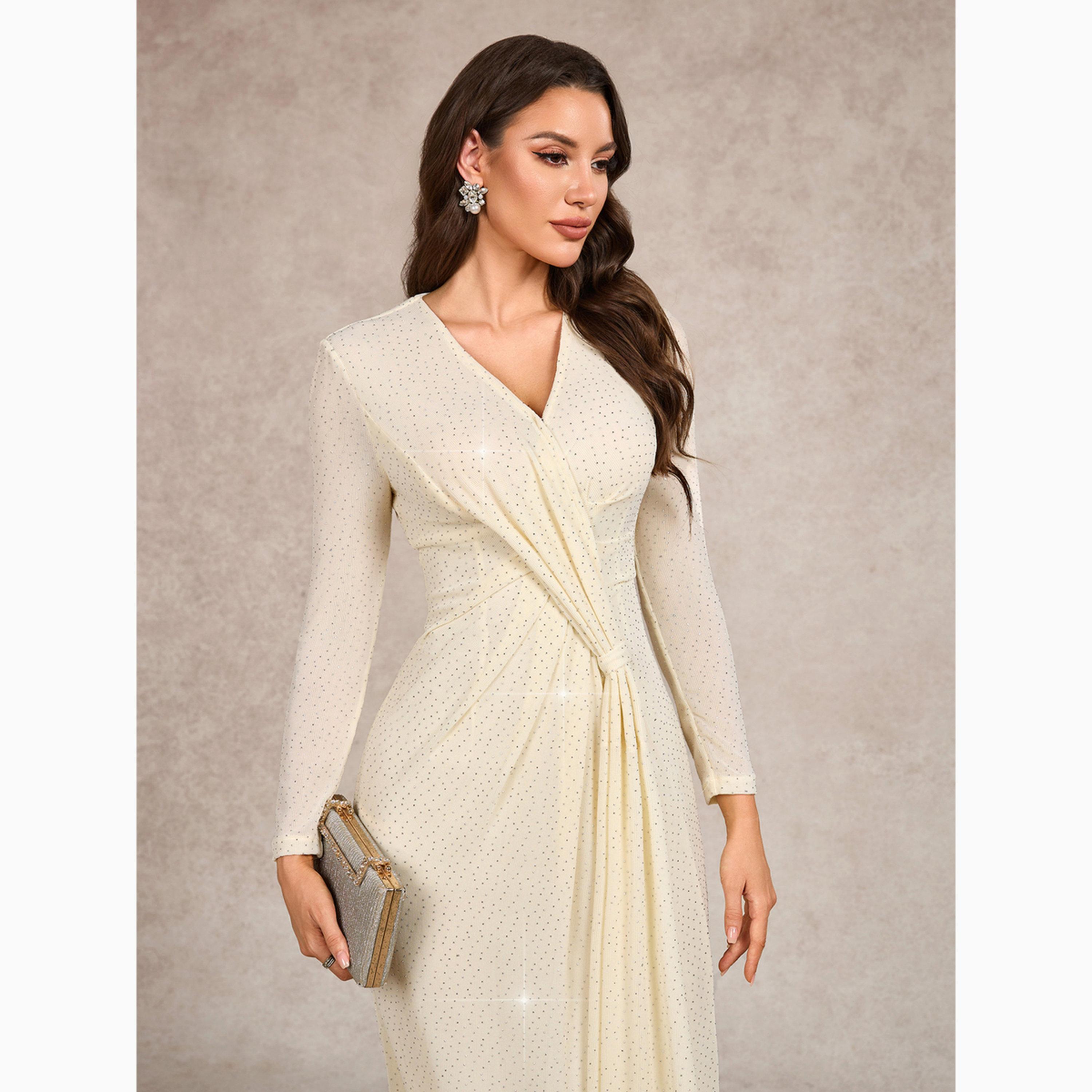 فستان طويل قصة ضيقة ومزين لون بيج-women-clothing-dresses-image-4