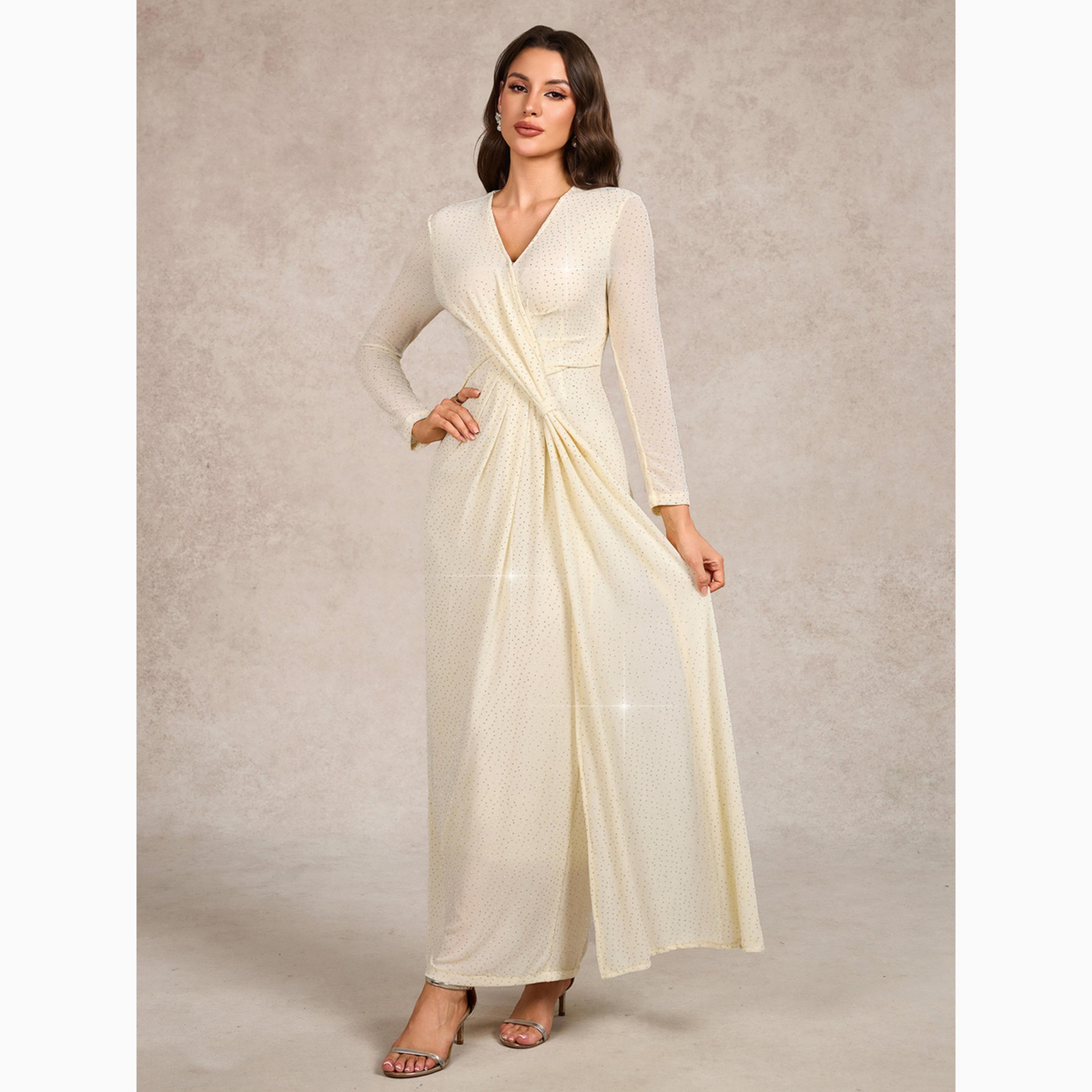 Take Two Beige Embellished V Neck Sheath Maxi Dress-women-clothing-dresses-image-5