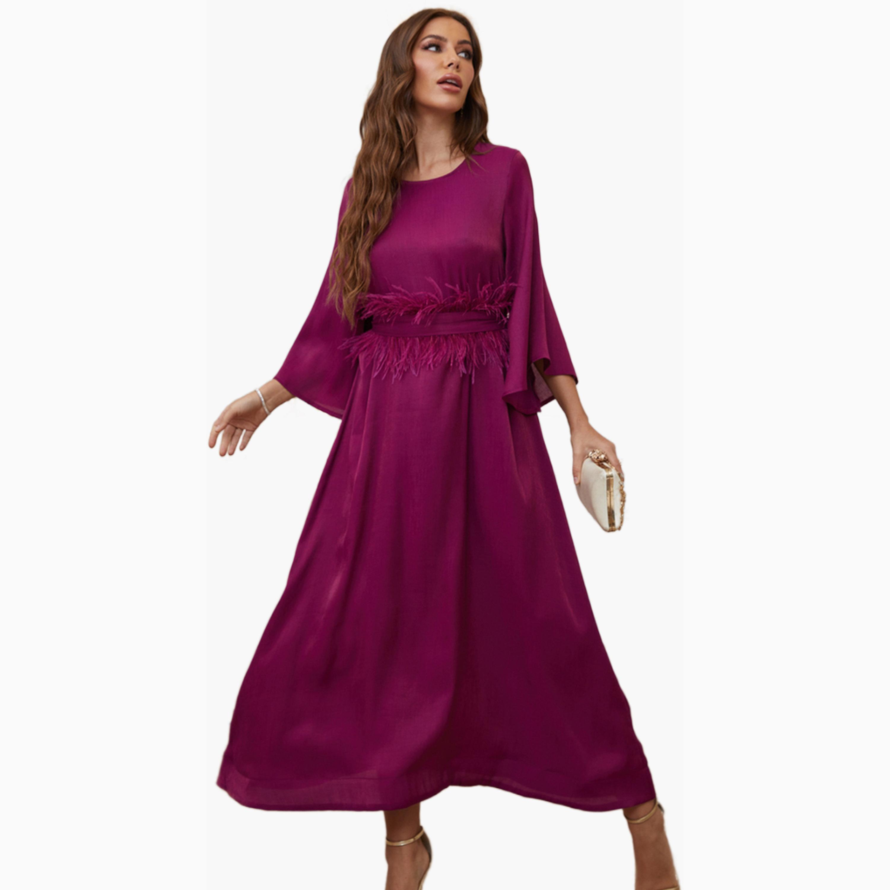 Take Two Purple Faux Feather Detail Bell Sleeve A-Line Maxi Dress-women-clothing-dresses-image-1