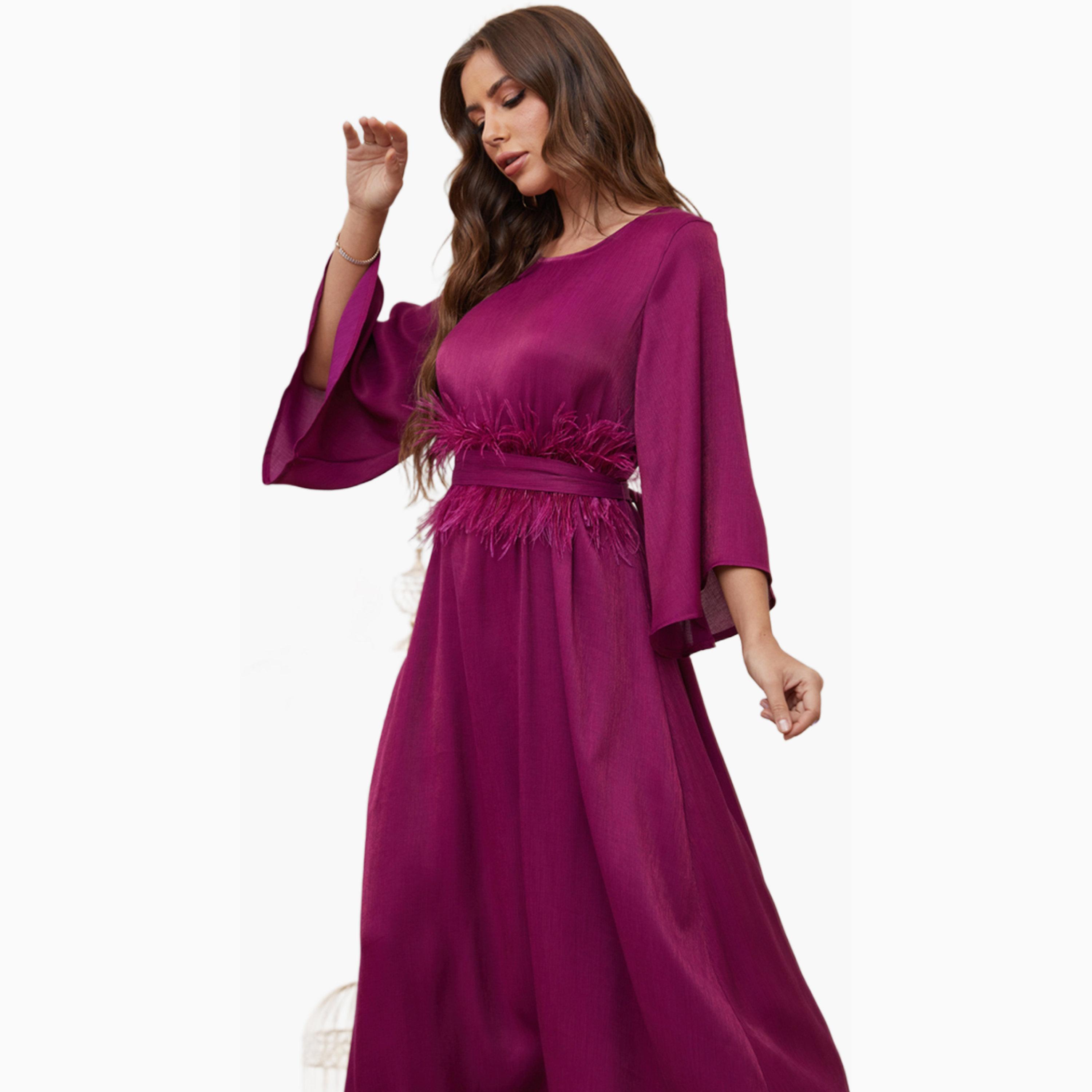 Take Two Purple Faux Feather Detail Bell Sleeve A-Line Maxi Dress-women-clothing-dresses-image-5