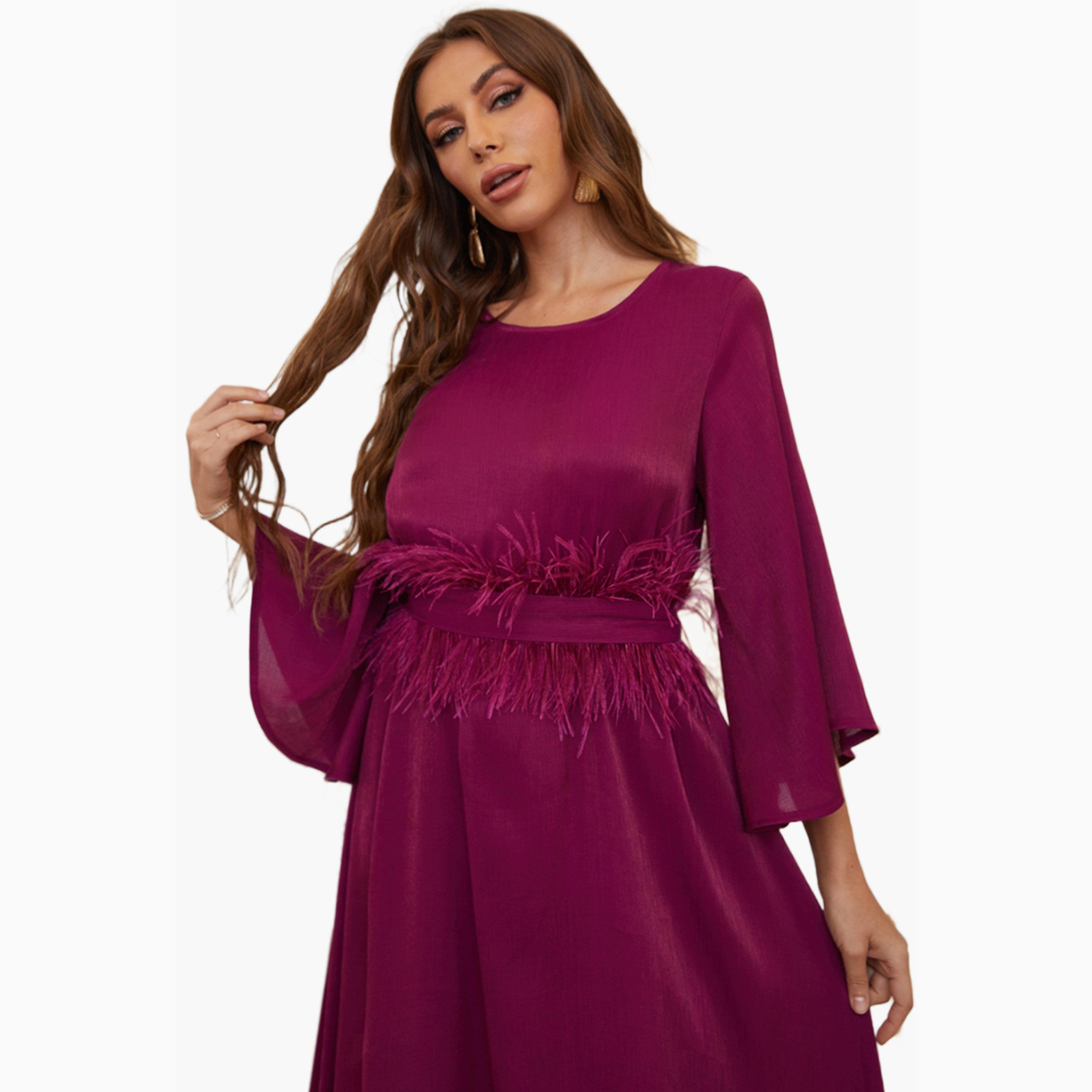 Take Two Purple Faux Feather Detail Bell Sleeve A-Line Maxi Dress-women-clothing-dresses-image-6