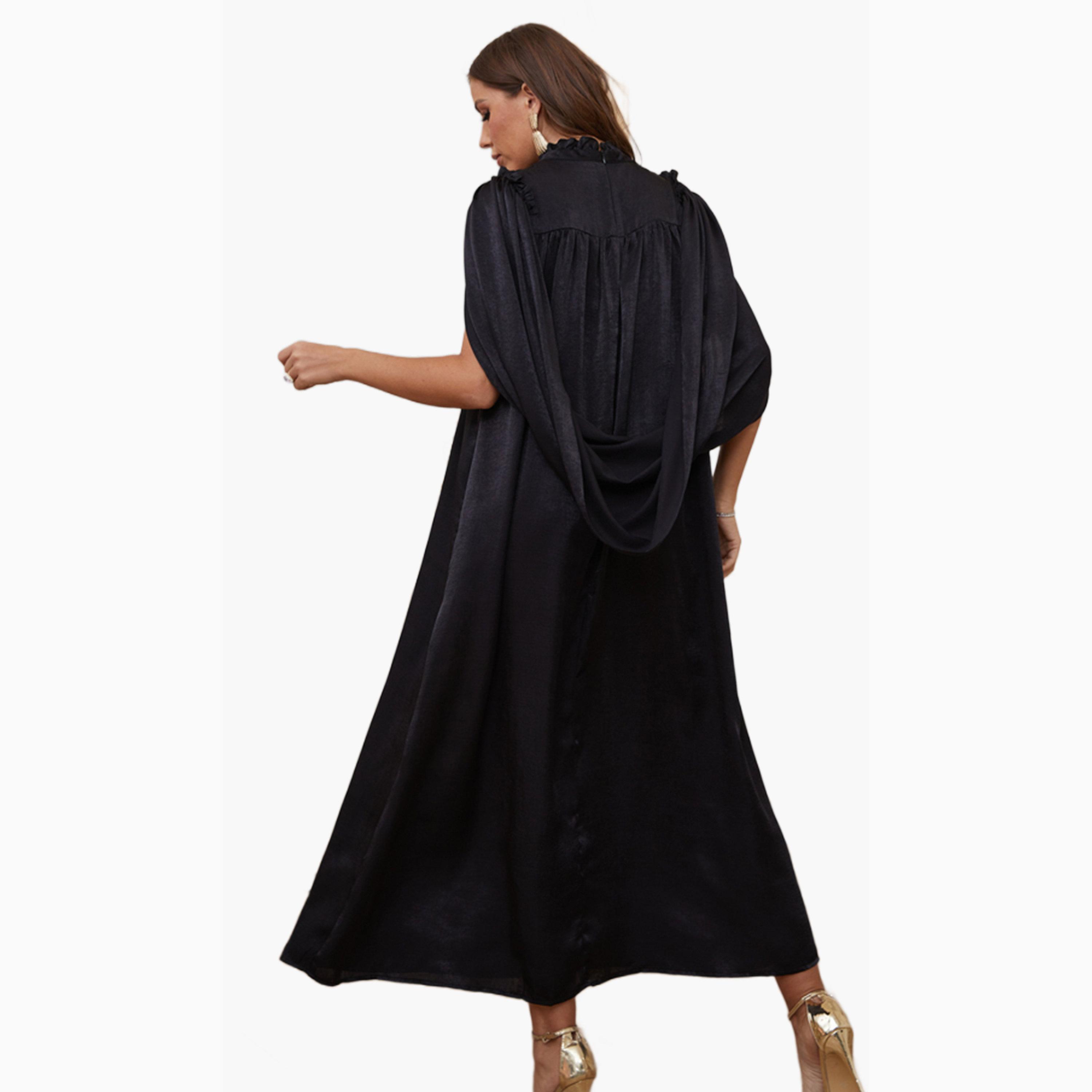 فستان طويل بحافة واسعة ومزينة بفتحة أكمام لون أسود-women-clothing-dresses-image-2