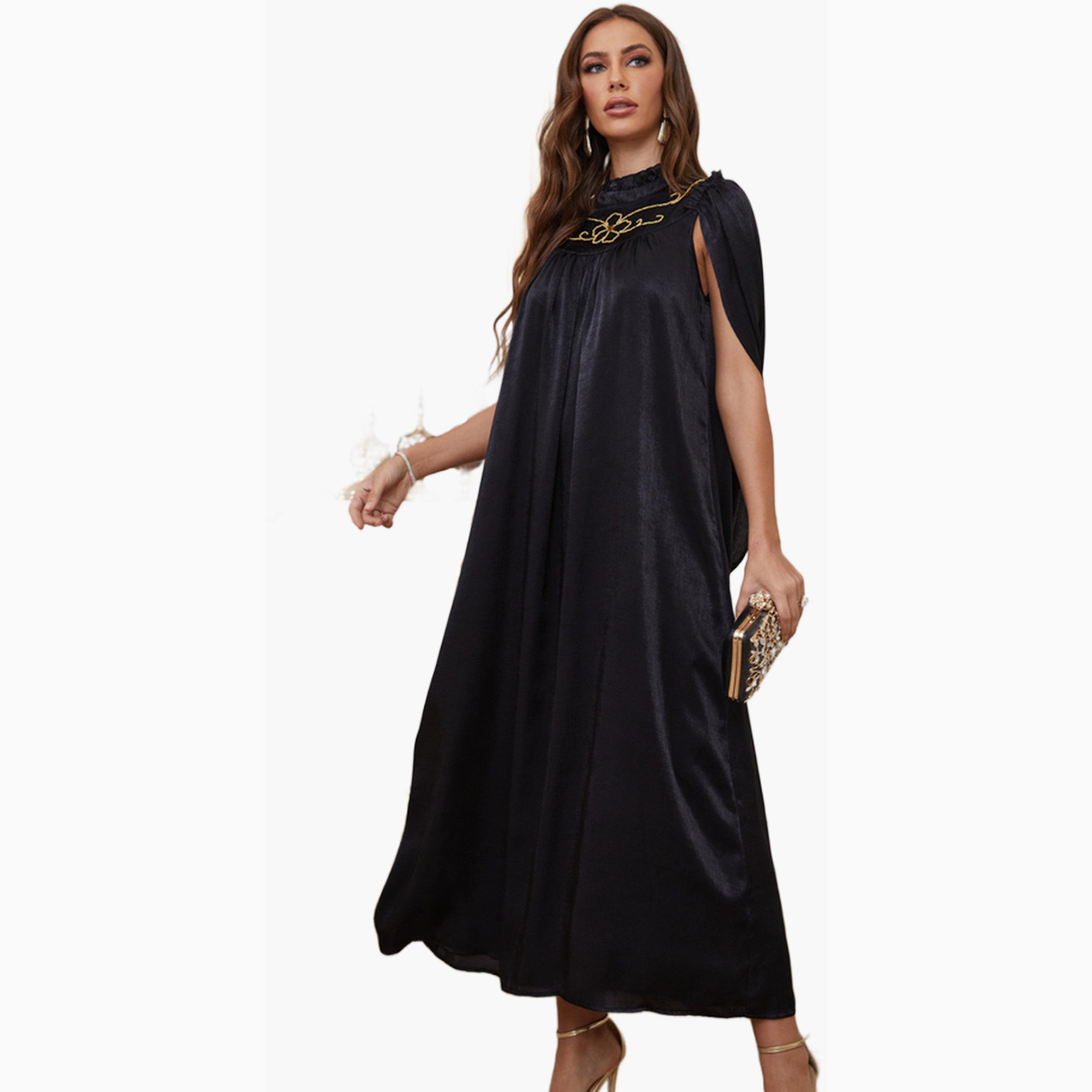 فستان طويل بحافة واسعة ومزينة بفتحة أكمام لون أسود-women-clothing-dresses-image-4