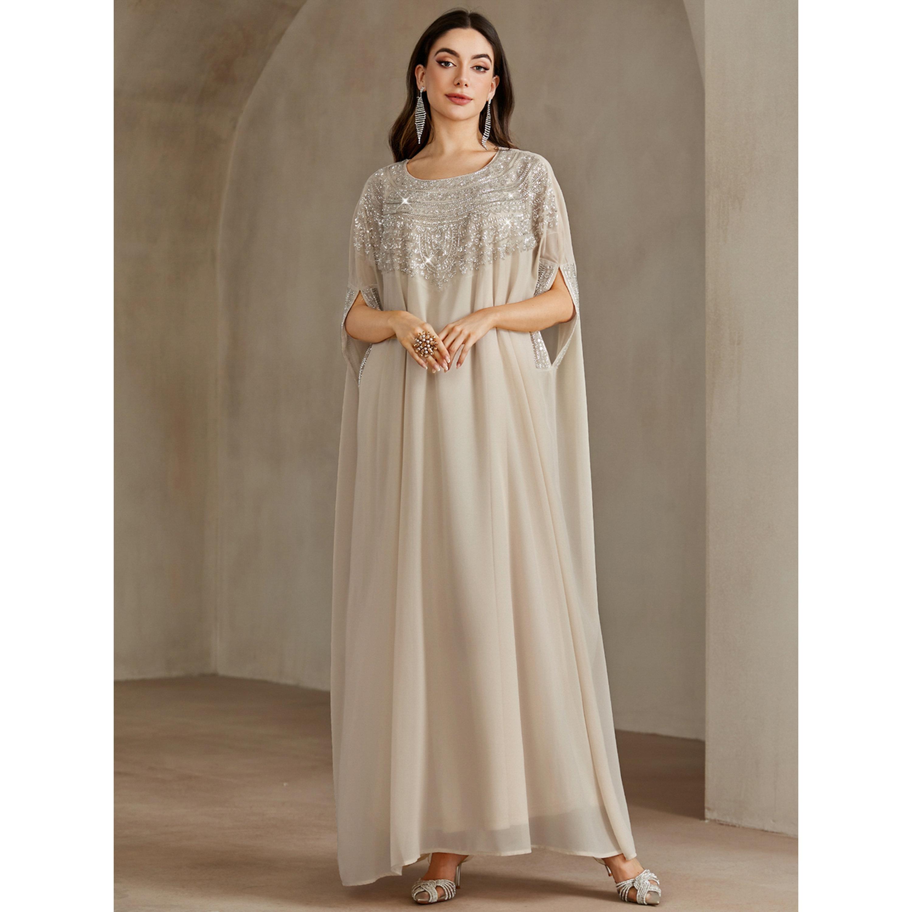 Take Two Beige Embellished Yoke Kaftan-women-arabicclothing-kaftan-image-1