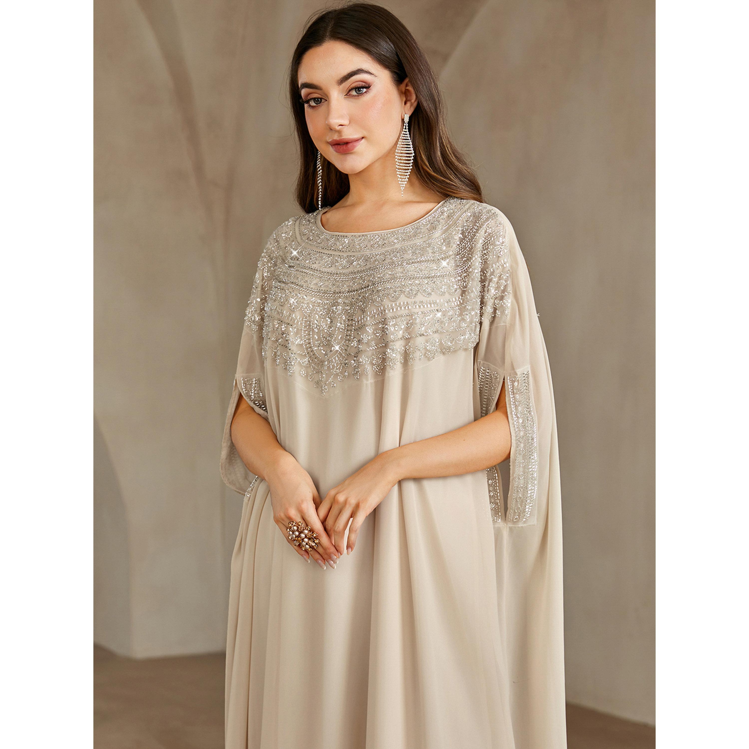 Take Two Beige Embellished Yoke Kaftan-women-arabicclothing-kaftan-image-3