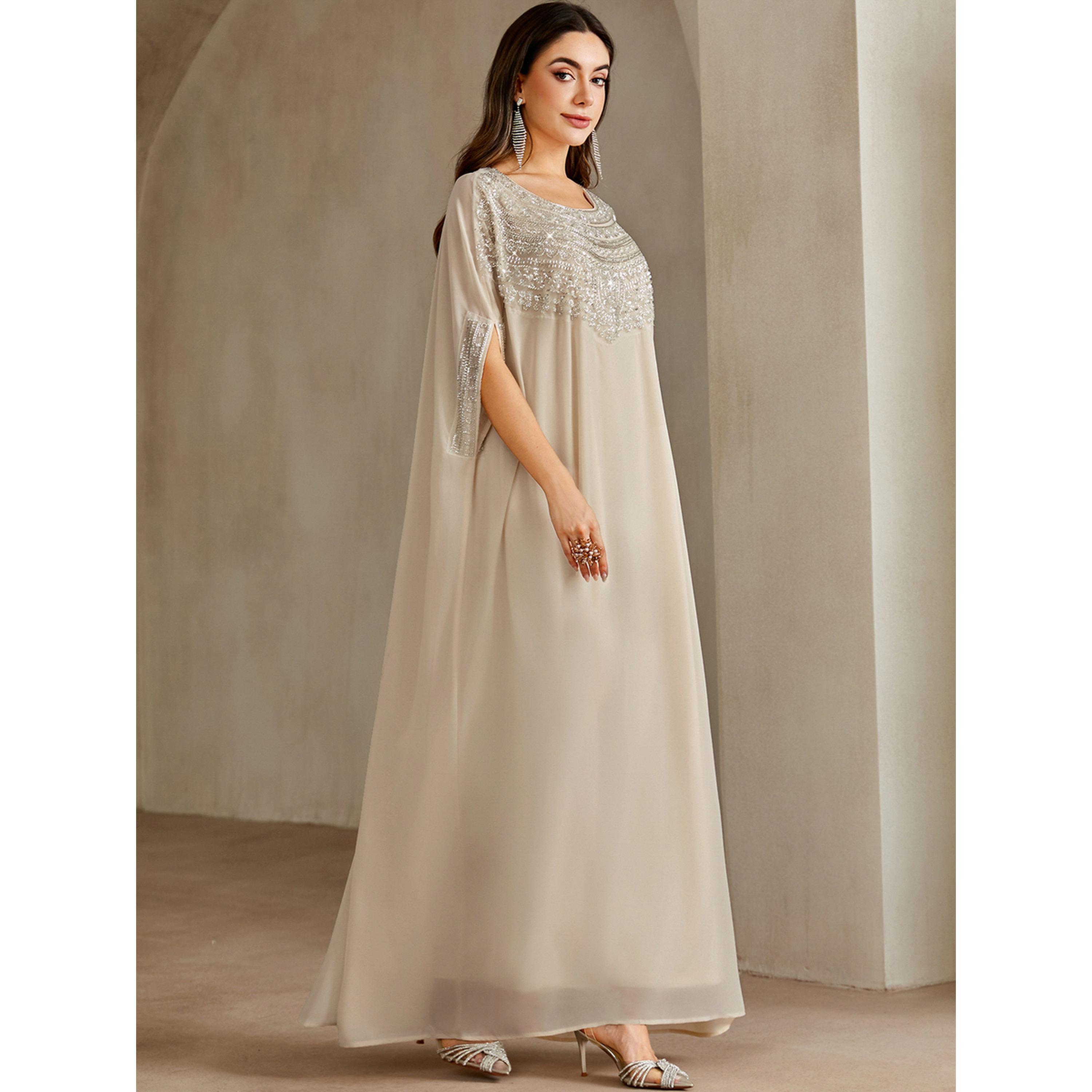Take Two Beige Embellished Yoke Kaftan-women-arabicclothing-kaftan-image-4