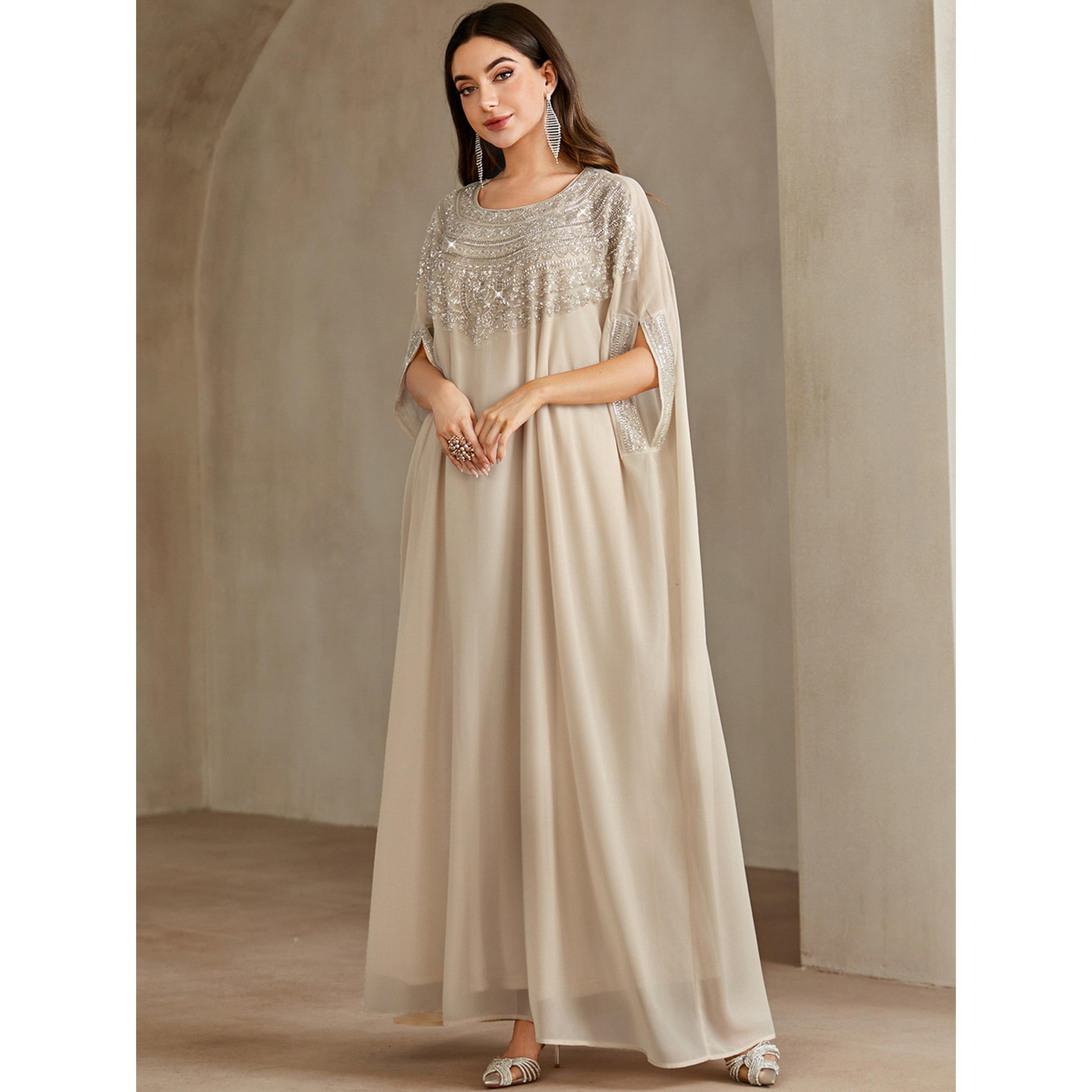 Take Two Beige Embellished Yoke Kaftan-women-arabicclothing-kaftan-image-5