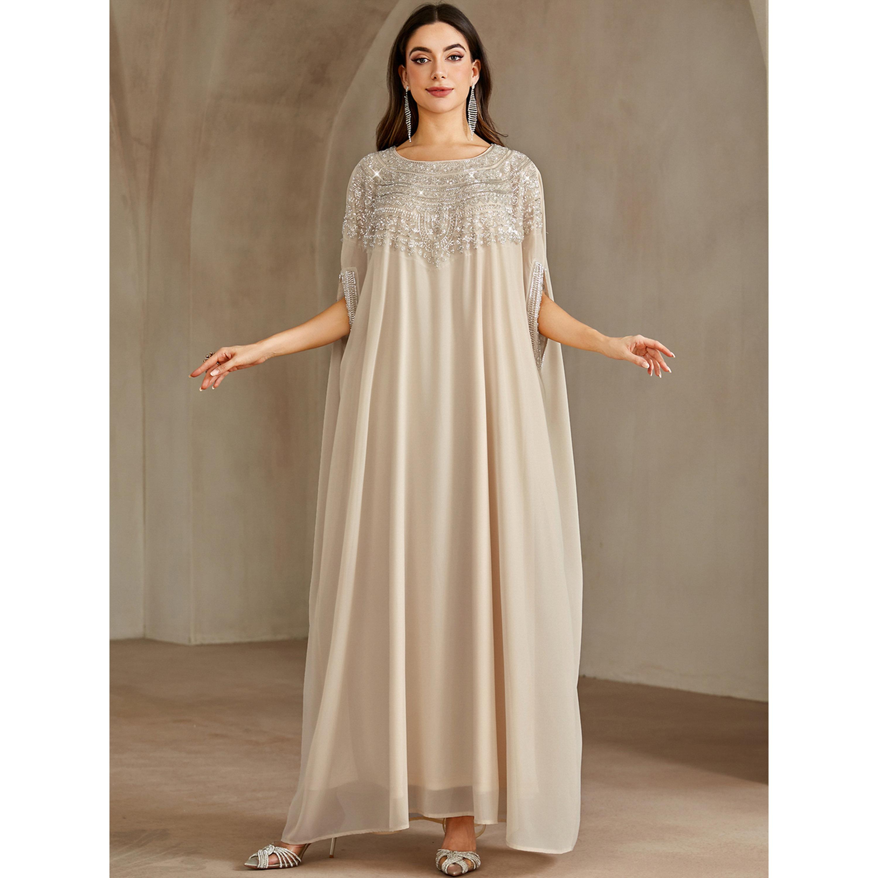 Take Two Beige Embellished Yoke Kaftan-women-arabicclothing-kaftan-image-6