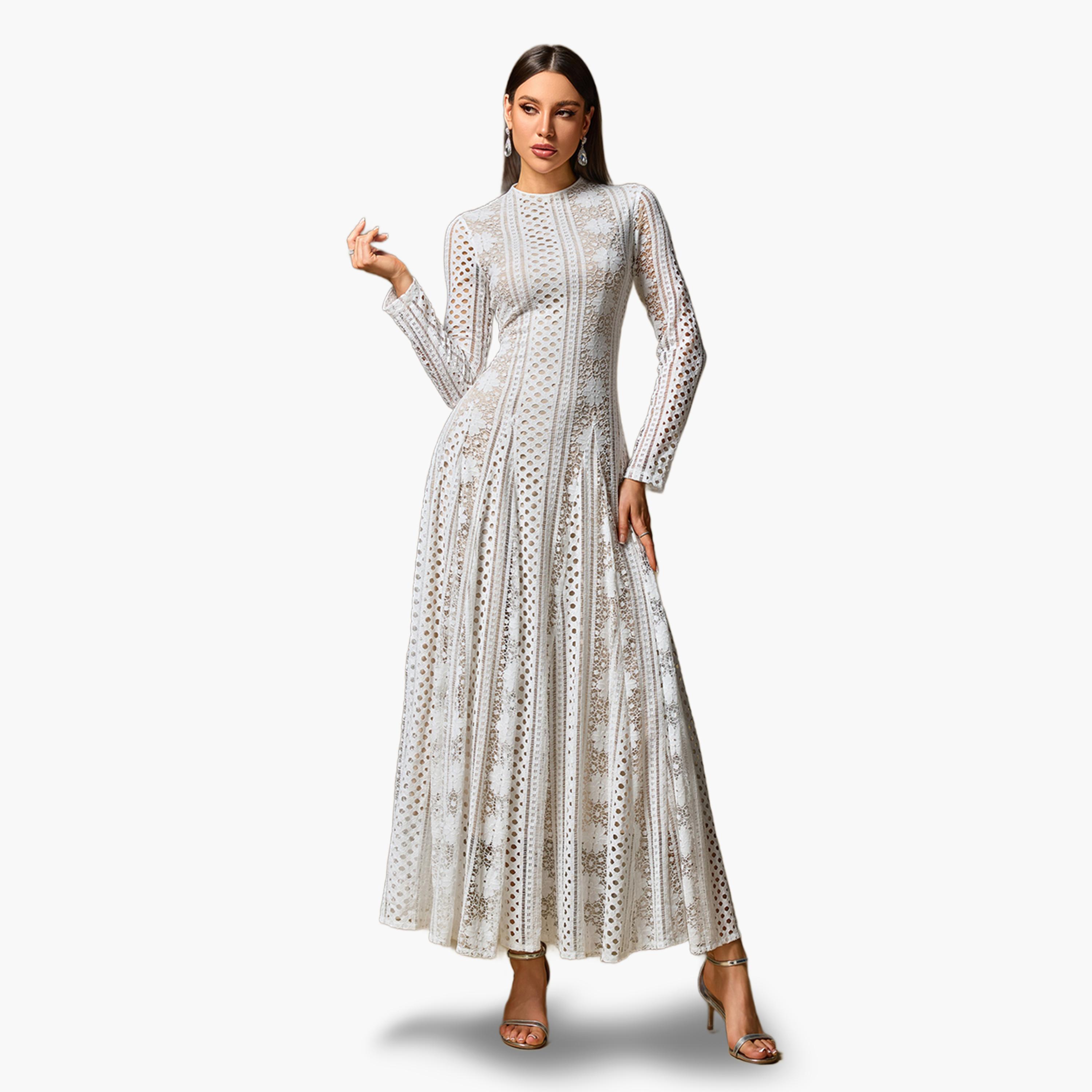 فستان أبيض طويل دانتيل مفرغ بياقة عالية-women-clothing-dresses-image-1