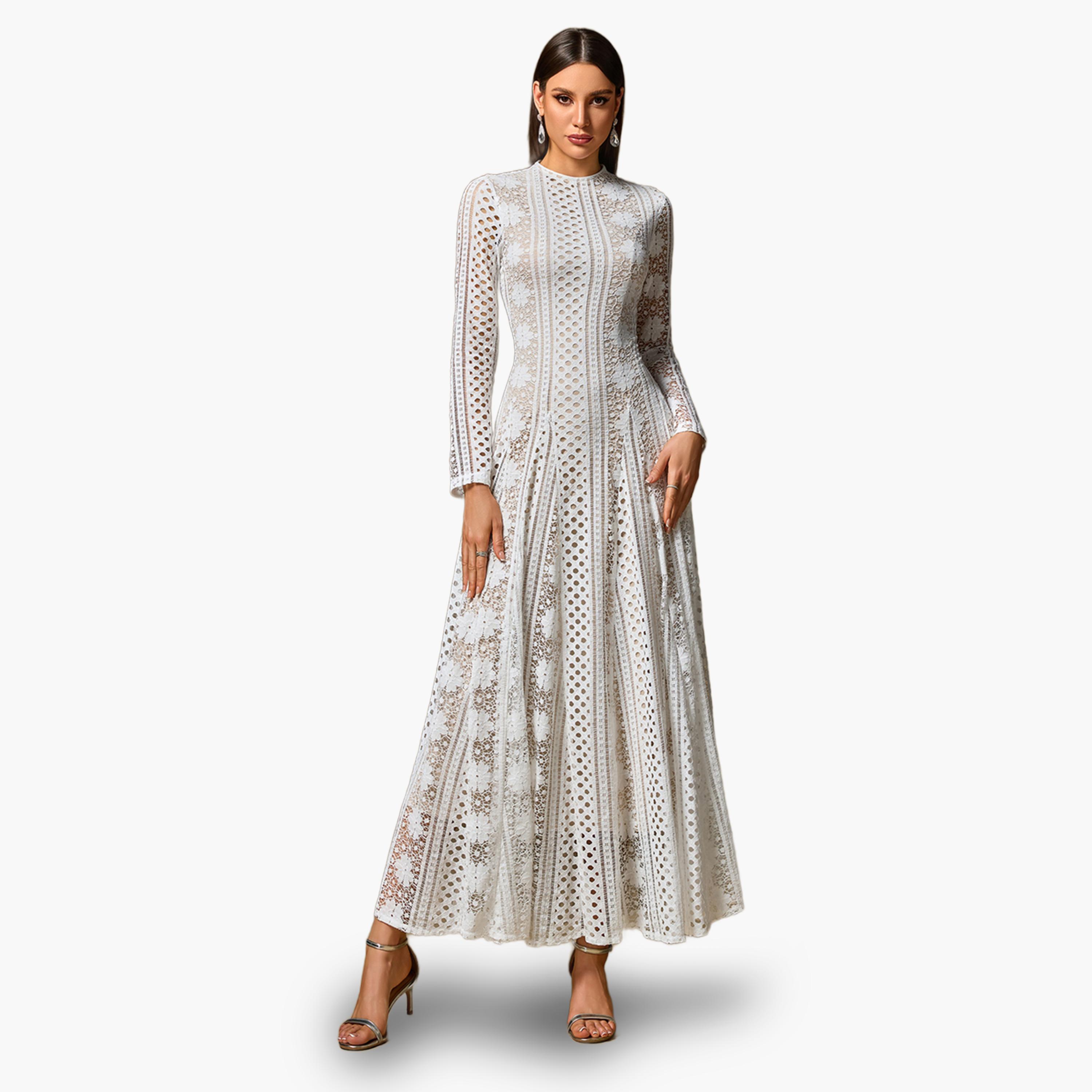 فستان أبيض طويل دانتيل مفرغ بياقة عالية-women-clothing-dresses-image-3