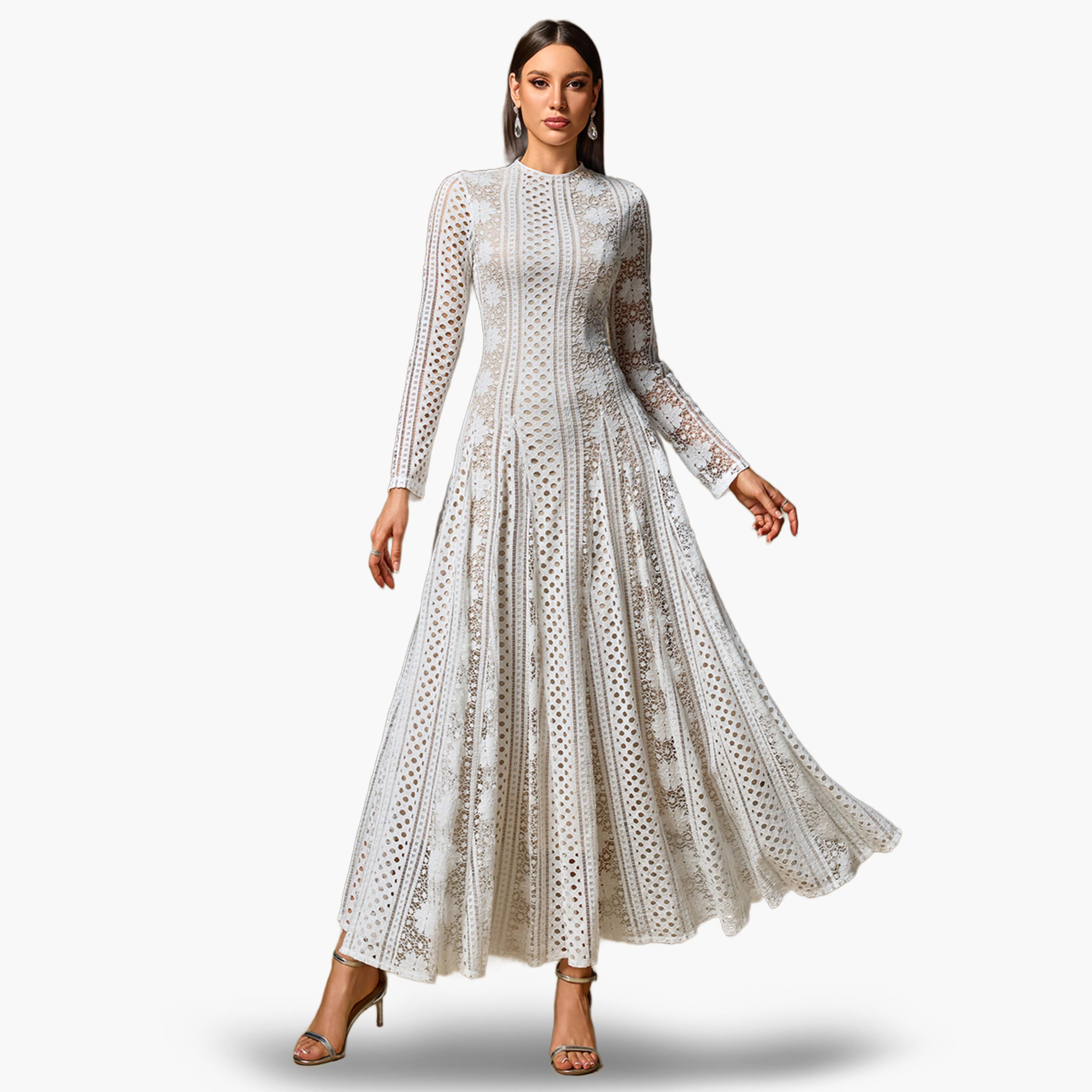 Take Two White Hollow Lace Mock Neck Maxi Dress-women-clothing-dresses-image-4