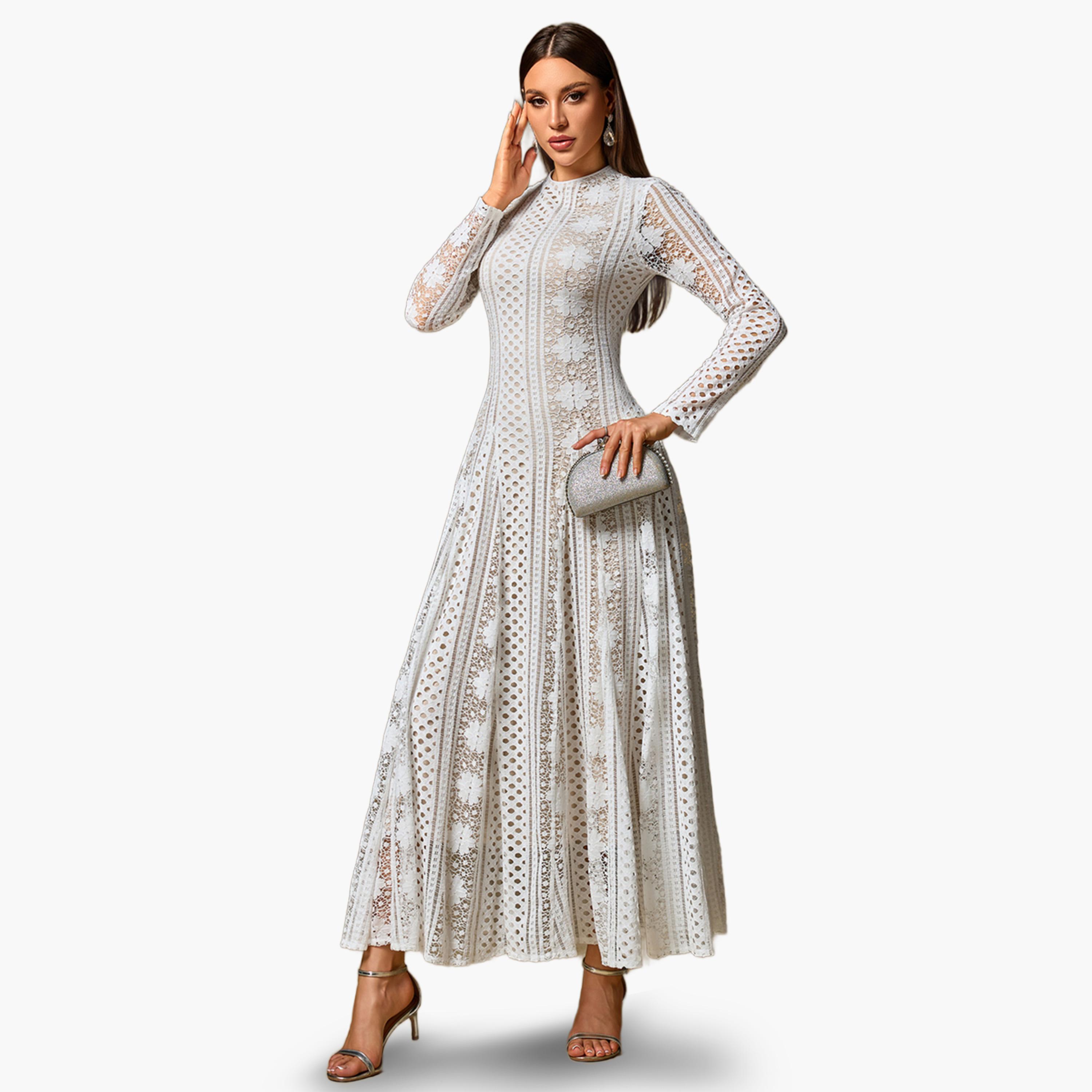 Take Two White Hollow Lace Mock Neck Maxi Dress-women-clothing-dresses-image-5