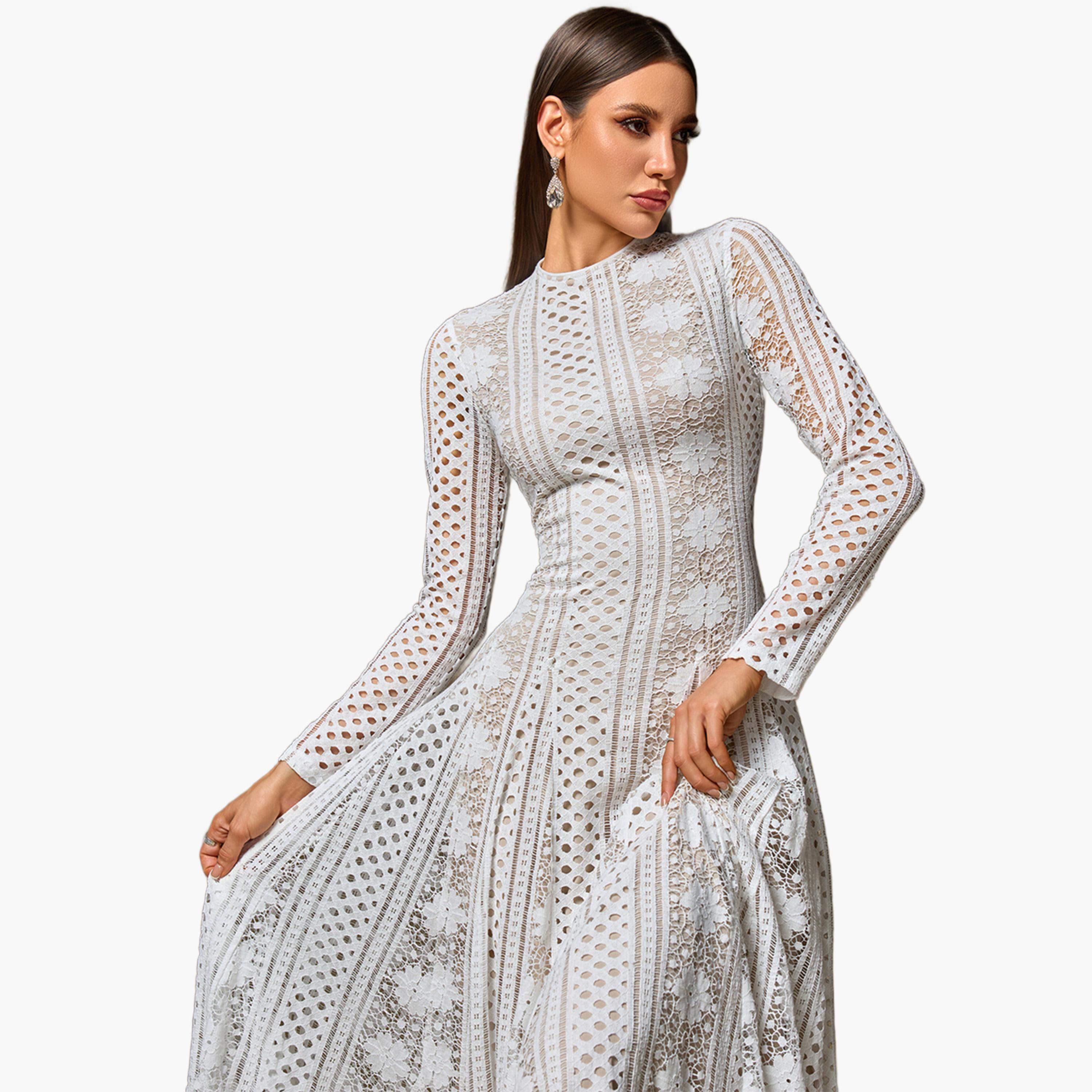 فستان أبيض طويل دانتيل مفرغ بياقة عالية-women-clothing-dresses-image-6