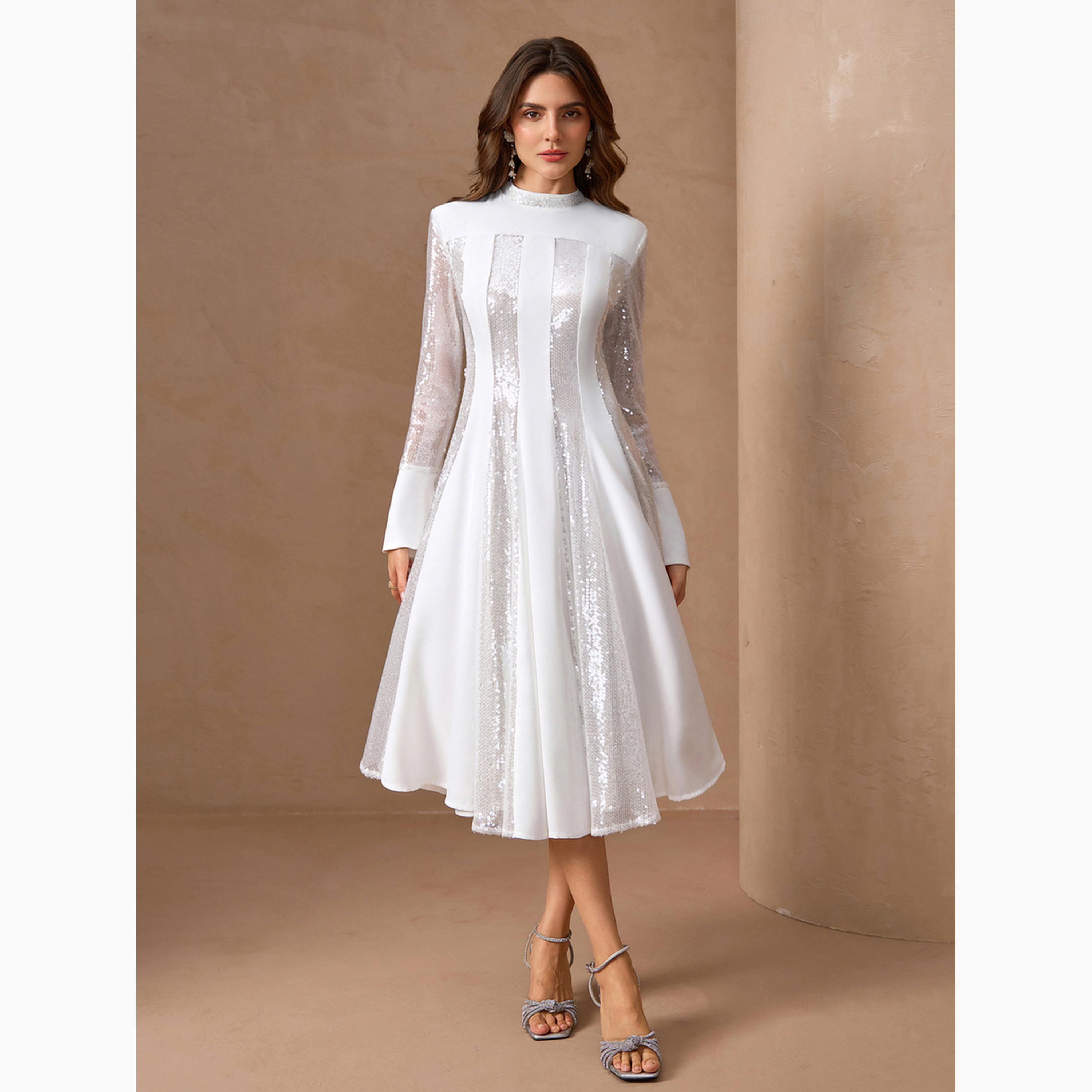 Take Two White Sequined Embellished Long Sleeves A-Line Midi Dress-women-clothing-dresses-image-1