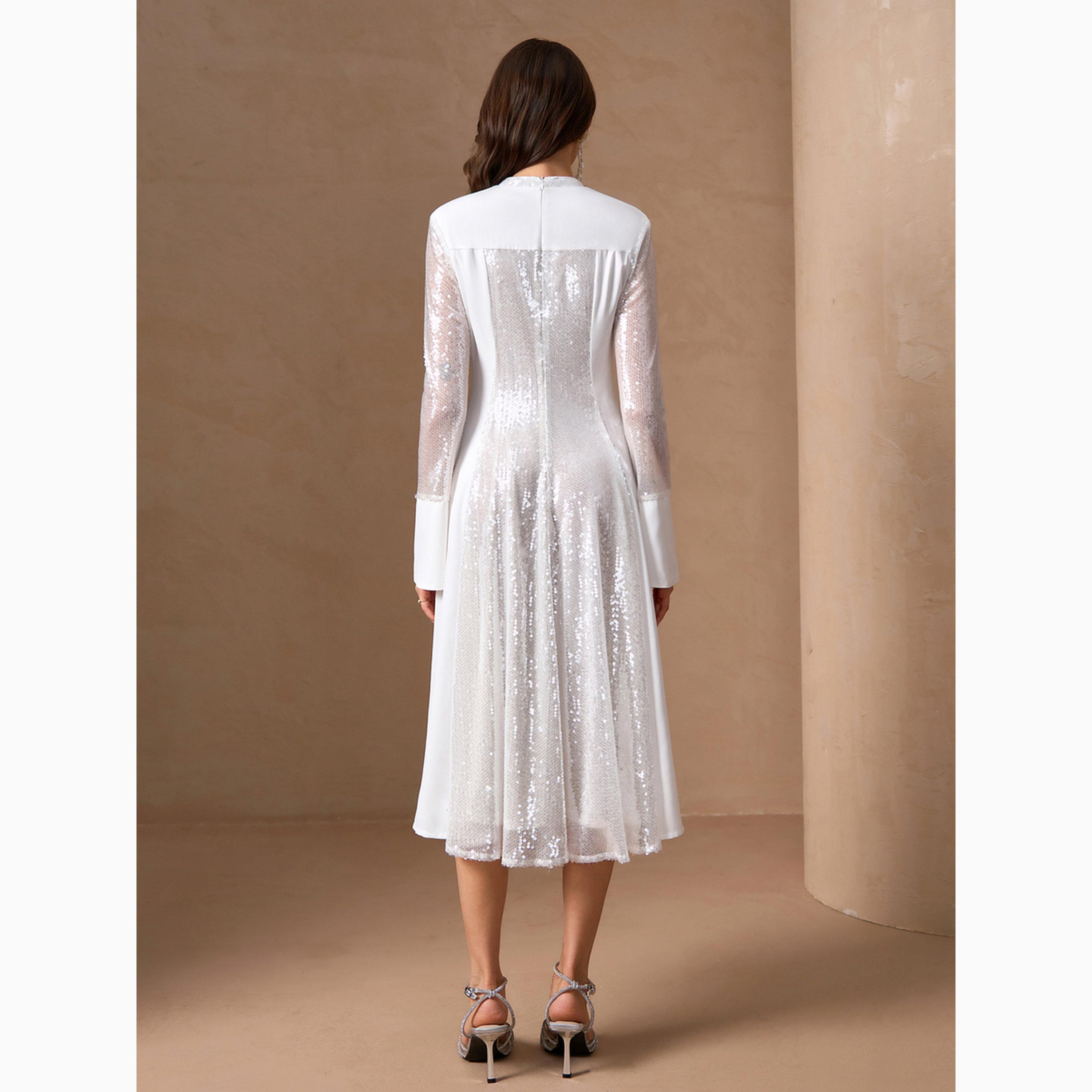 Take Two White Sequined Embellished Long Sleeves A-Line Midi Dress-women-clothing-dresses-image-2