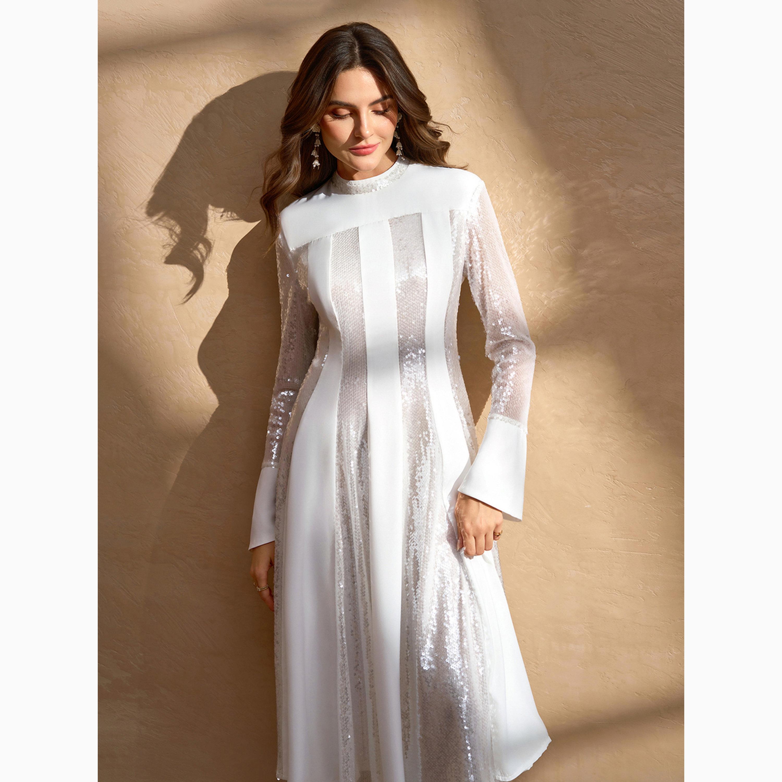 Take Two White Sequined Embellished Long Sleeves A-Line Midi Dress-women-clothing-dresses-image-3