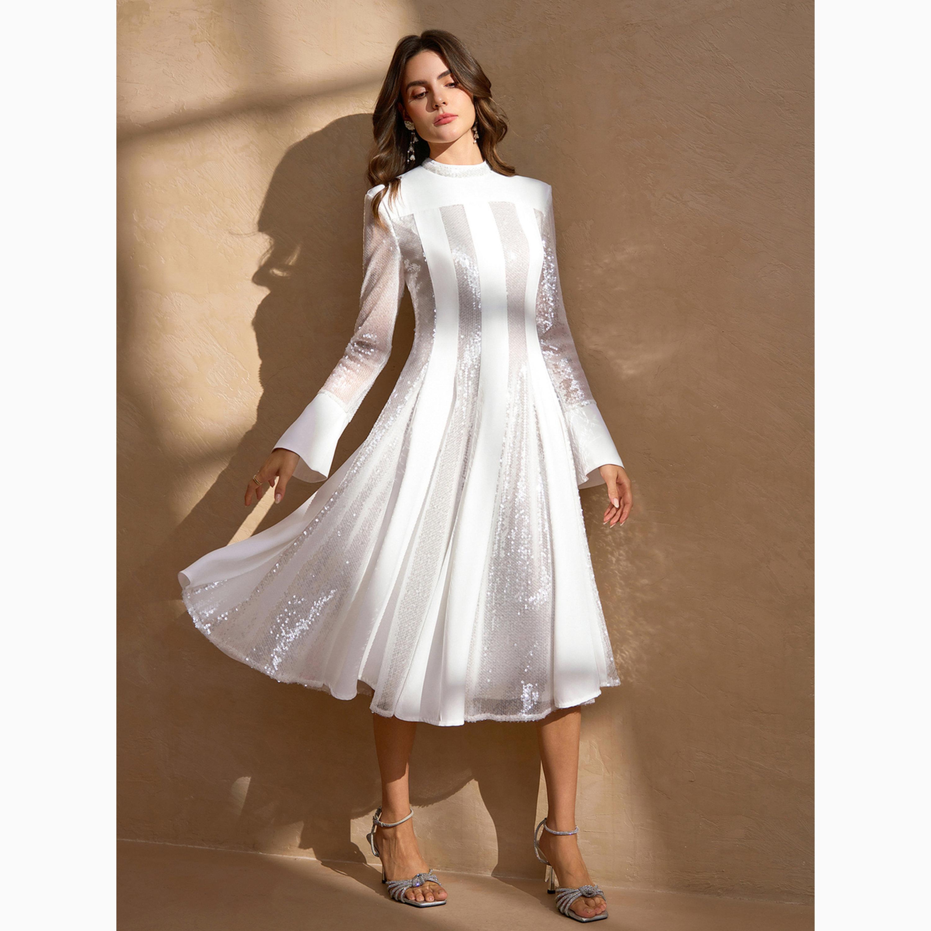 Take Two White Sequined Embellished Long Sleeves A-Line Midi Dress-women-clothing-dresses-image-4