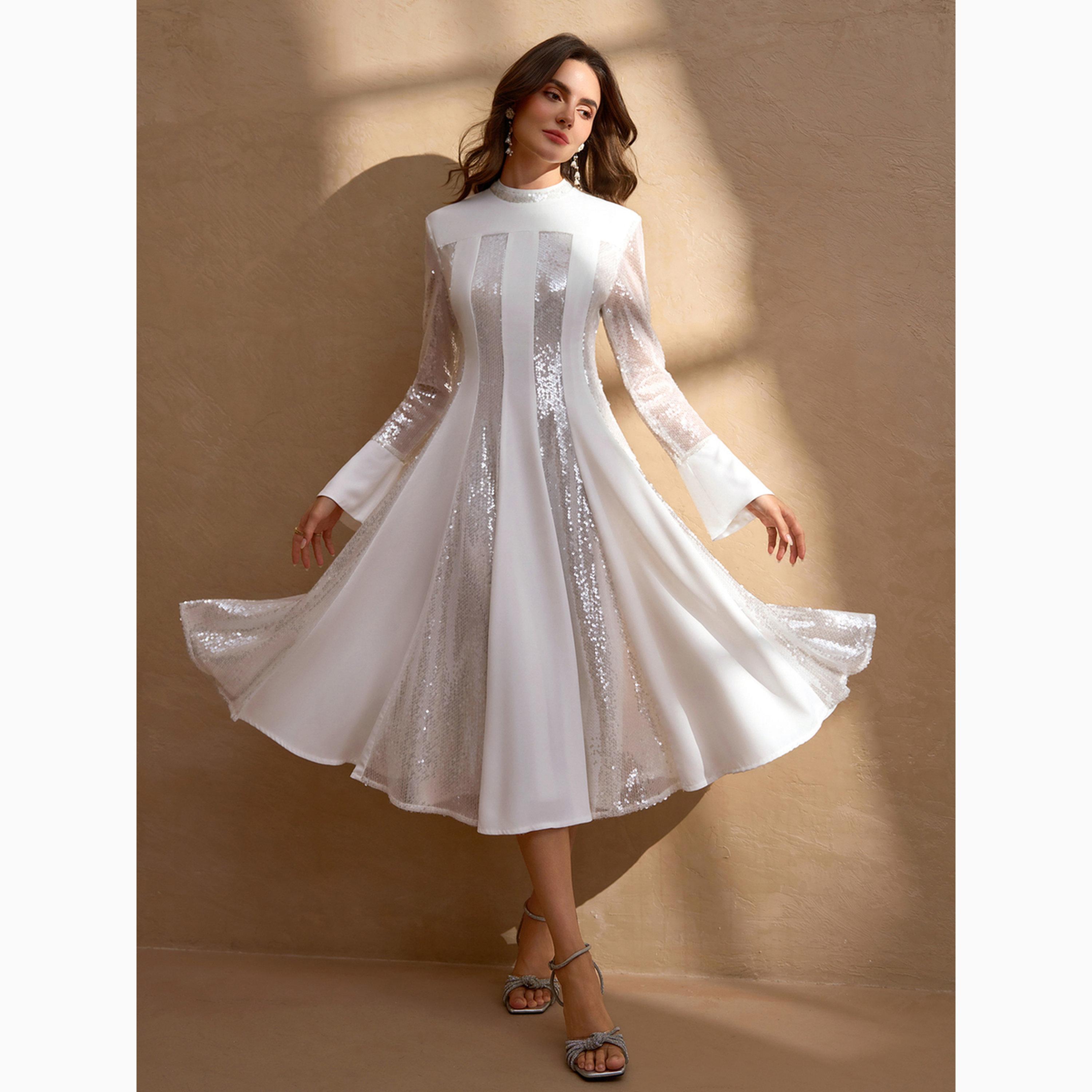 Take Two White Sequined Embellished Long Sleeves A-Line Midi Dress-women-clothing-dresses-image-5