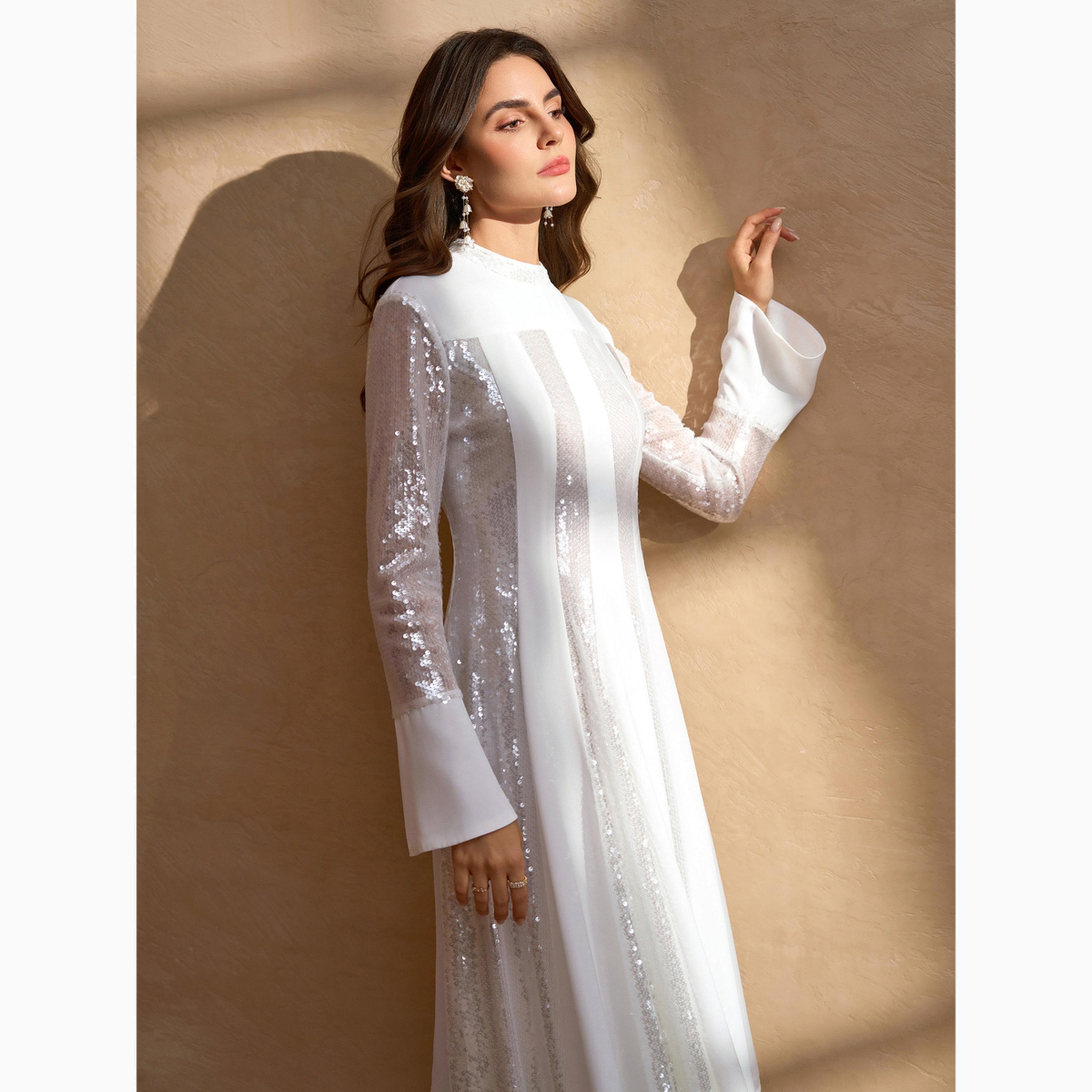 Take Two White Sequined Embellished Long Sleeves A-Line Midi Dress-women-clothing-dresses-image-6
