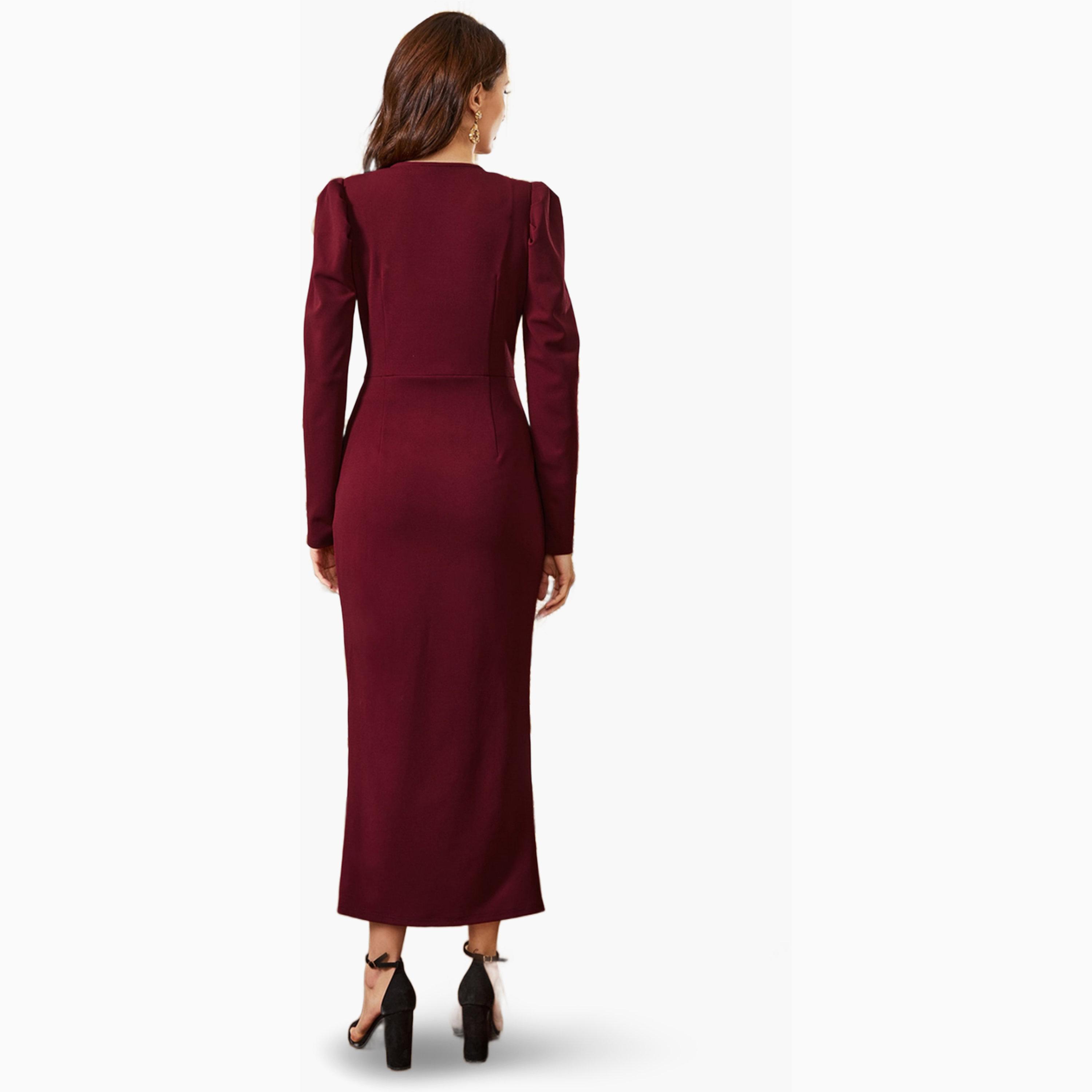 فستان ميدي قصة ضيقة بنمط لف مطرز لون برغندي-women-clothing-dresses-image-2