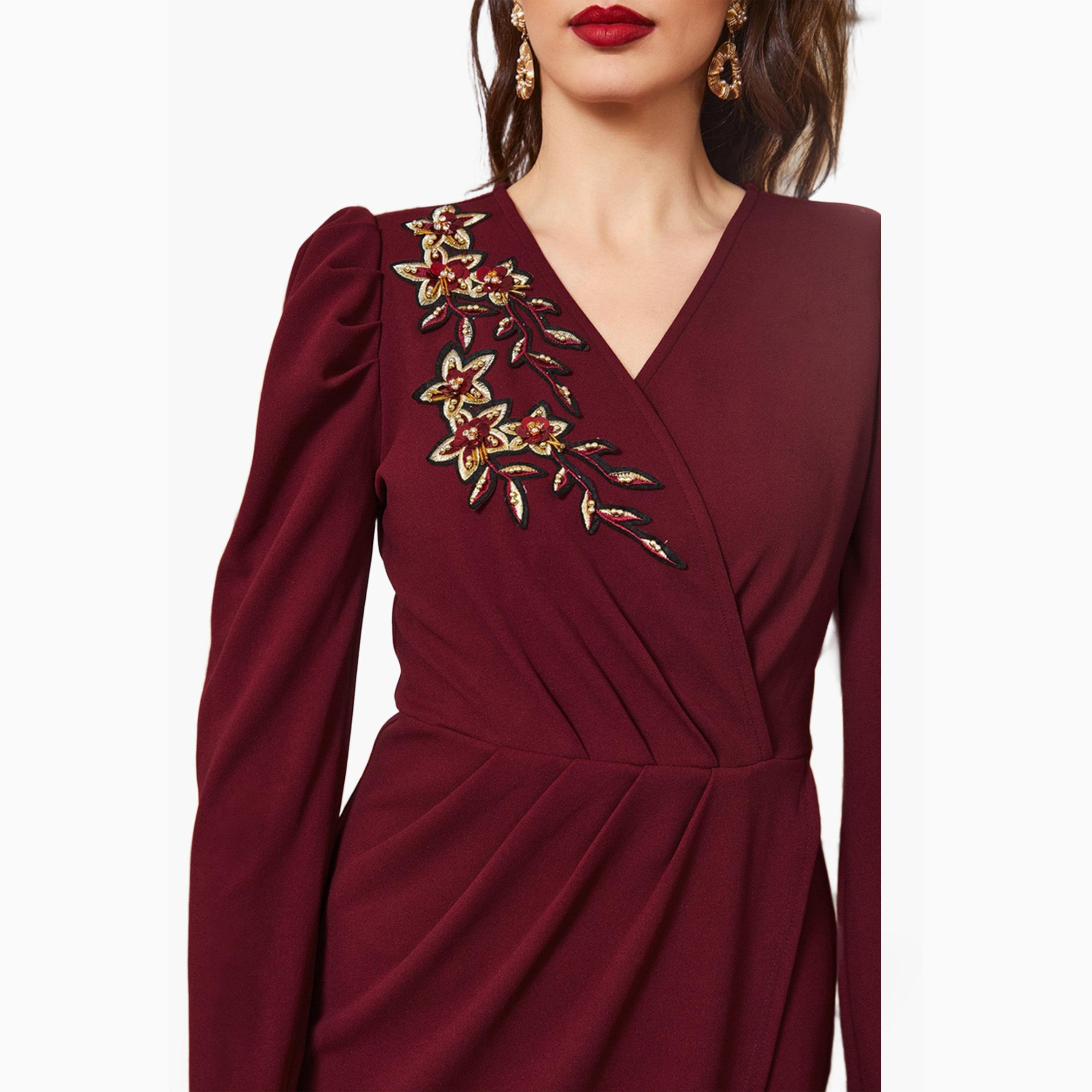 Take Two Burgundy Embroidered Faux Wrap Sheath Midi Dress-women-clothing-dresses-image-3