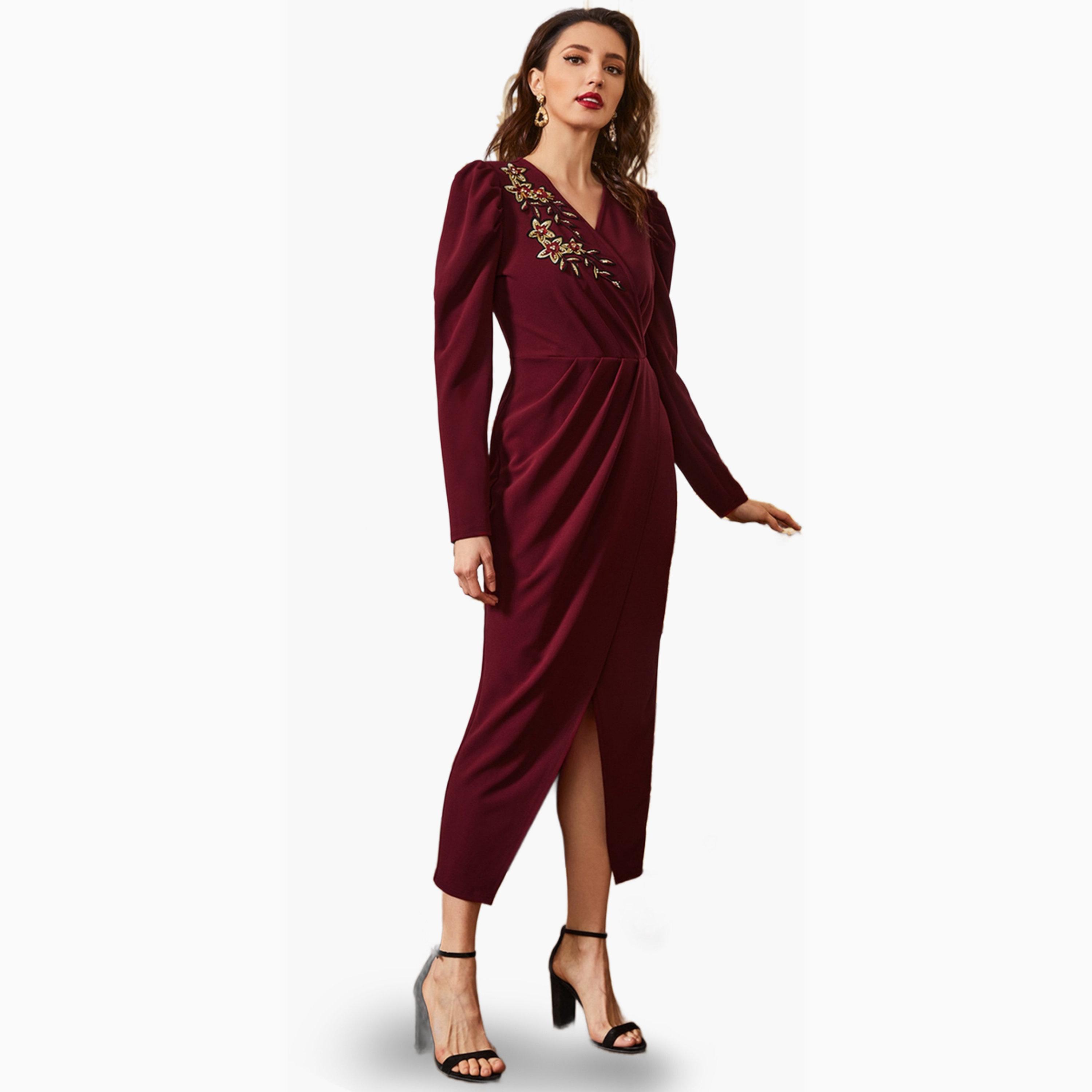 فستان ميدي قصة ضيقة بنمط لف مطرز لون برغندي-women-clothing-dresses-image-4