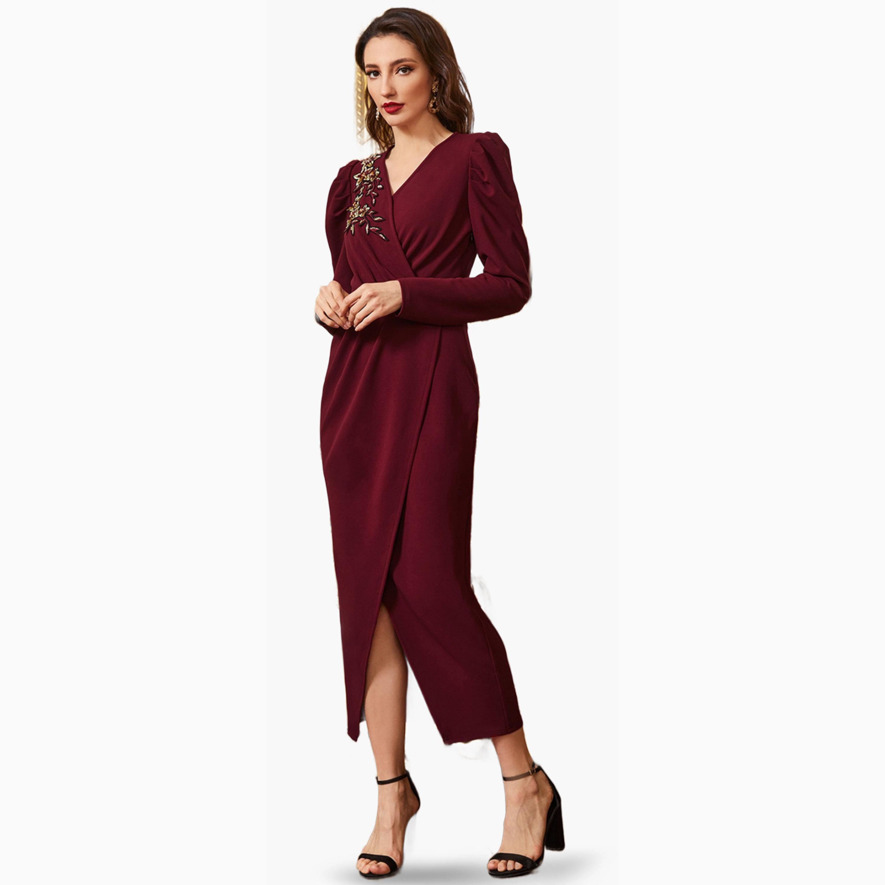 Take Two Burgundy Embroidered Faux Wrap Sheath Midi Dress-women-clothing-dresses-image-5