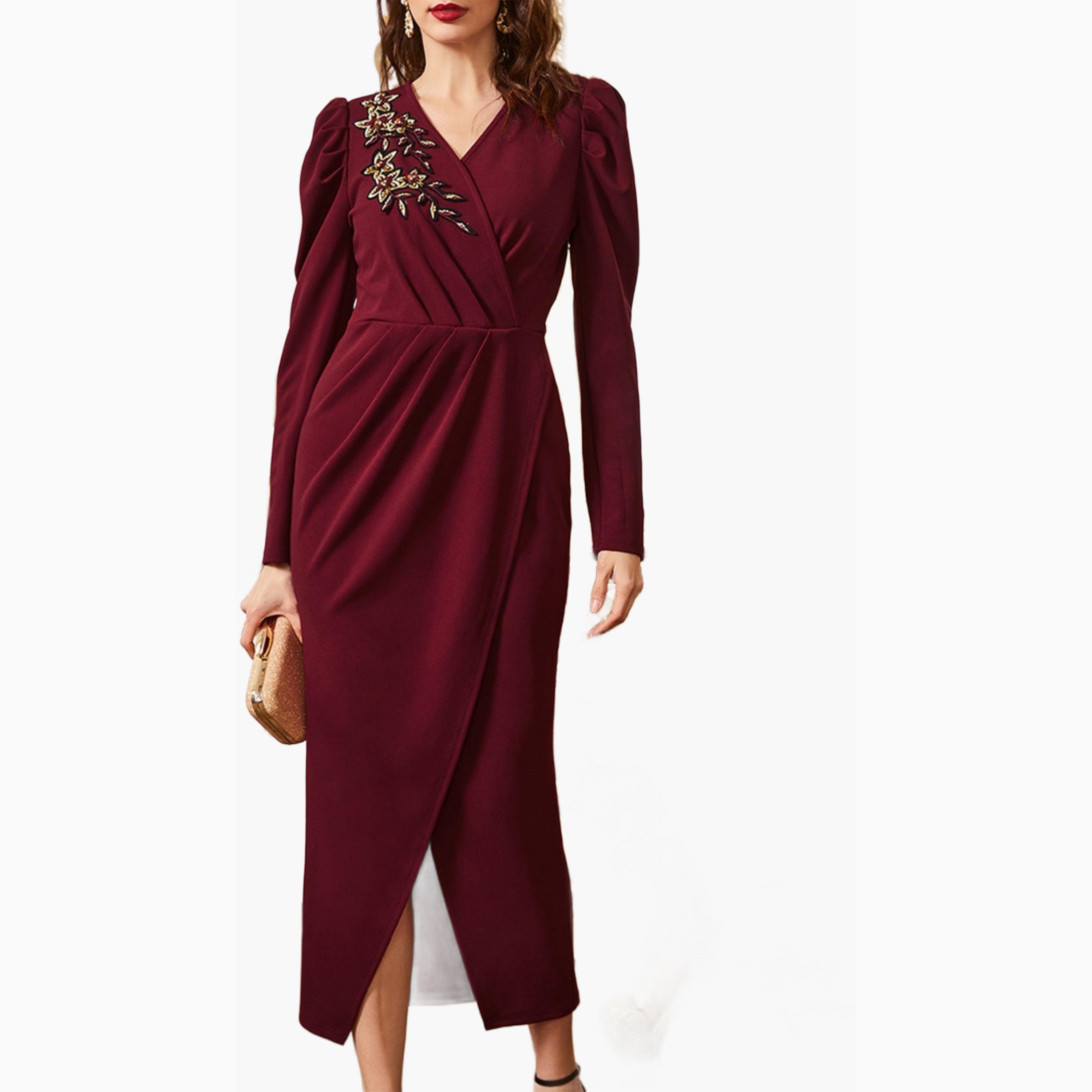 Take Two Burgundy Embroidered Faux Wrap Sheath Midi Dress-women-clothing-dresses-image-6