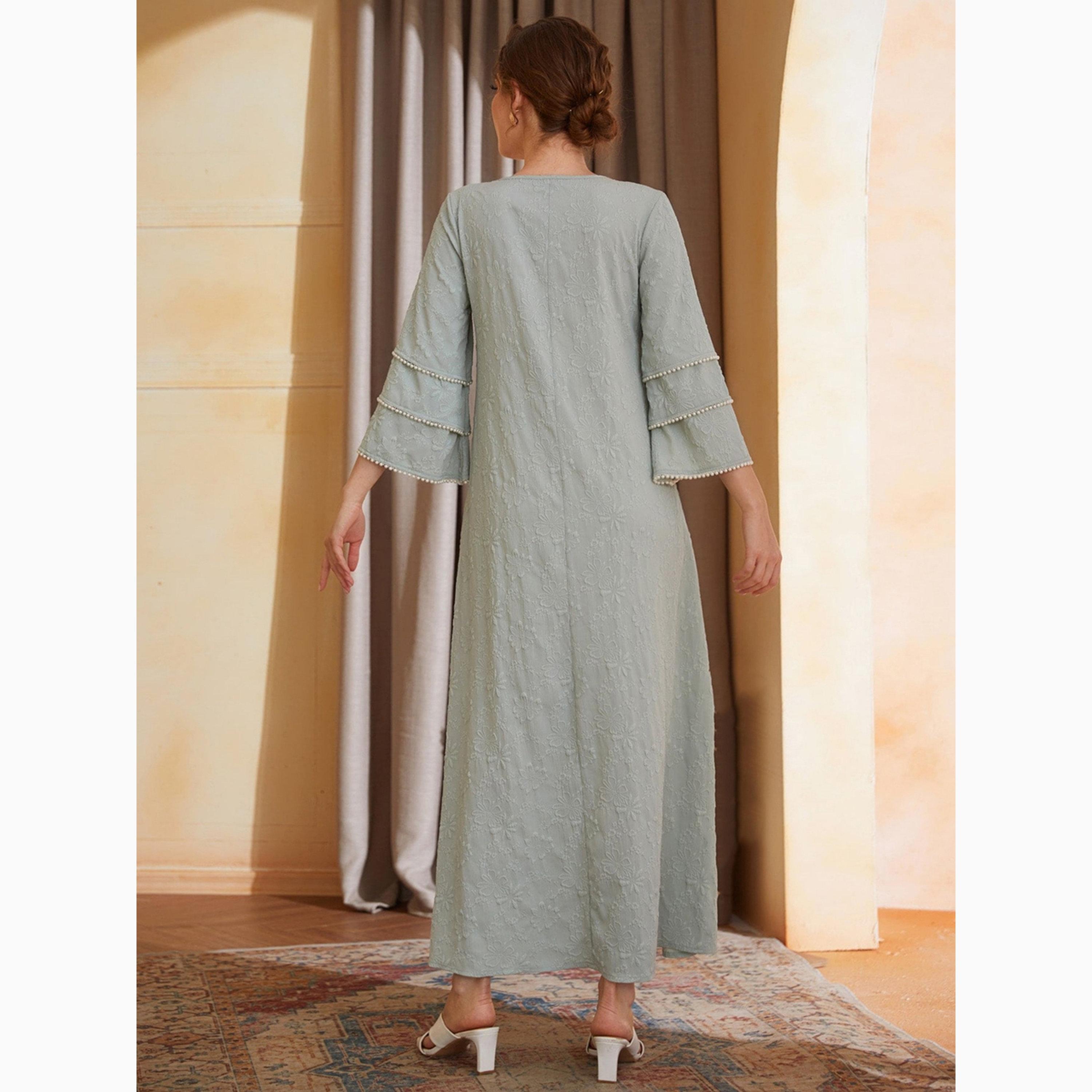 Take Two Green Embroidered Layered Sleeve A-Line Maxi Dress with Faux Pearl Detail-women-clothing-dresses-image-2