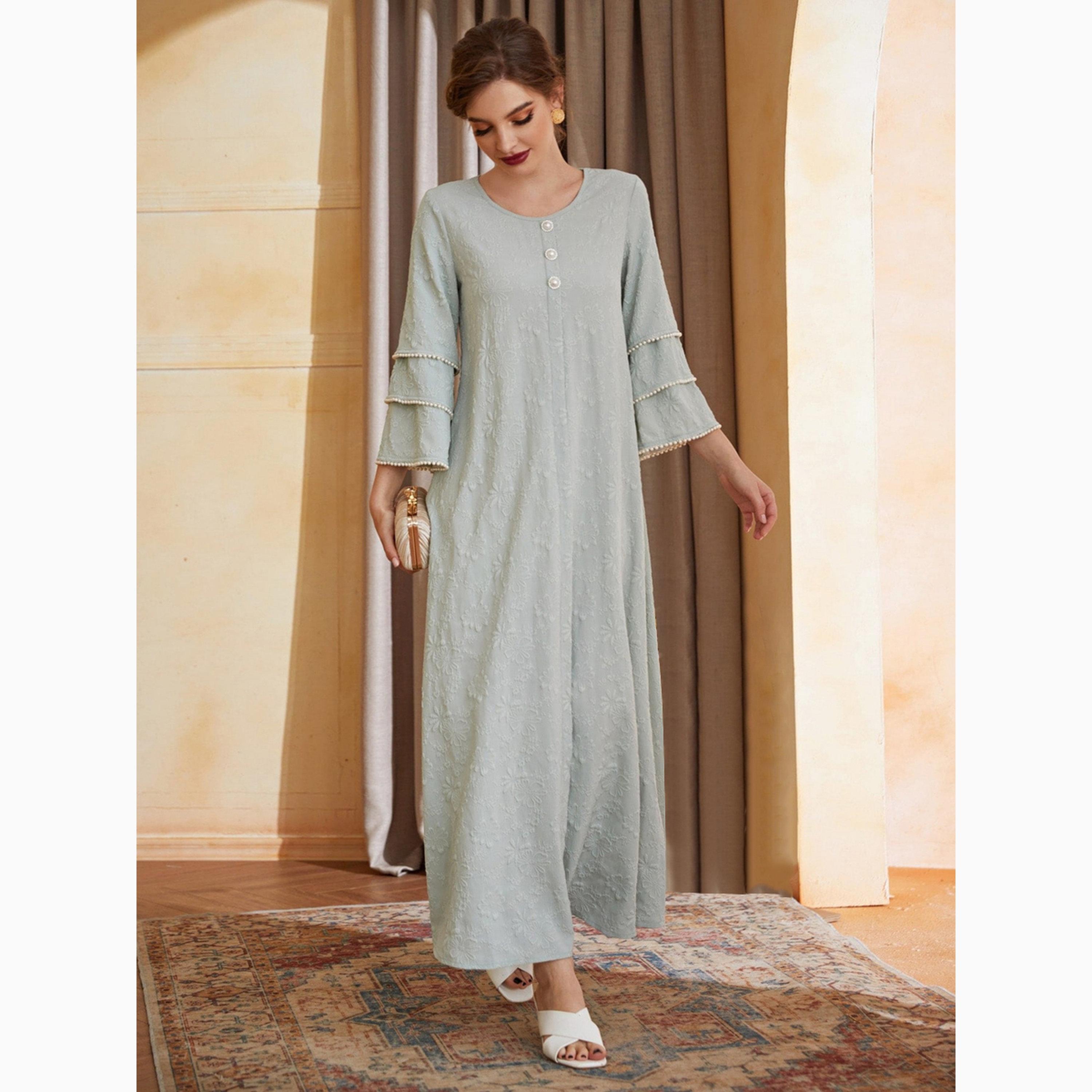 فستان طويل بحافة واسعة وأكمام بطبقات مزينة بلؤلؤ صناعي لون أخضر-women-clothing-dresses-image-6