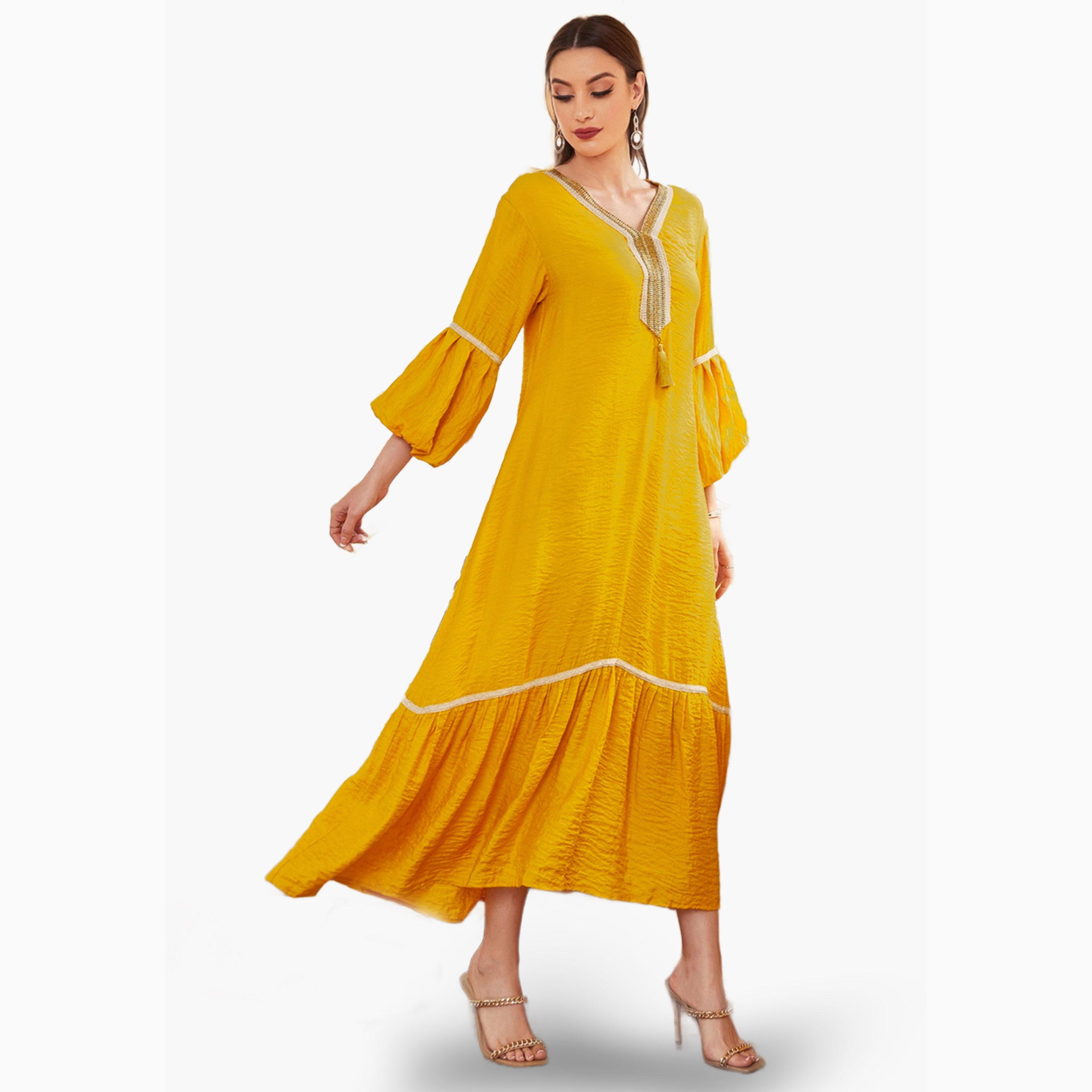 Take Two Yellow Solid V Neck A-Line Maxi Dress-women-clothing-dresses-image-3