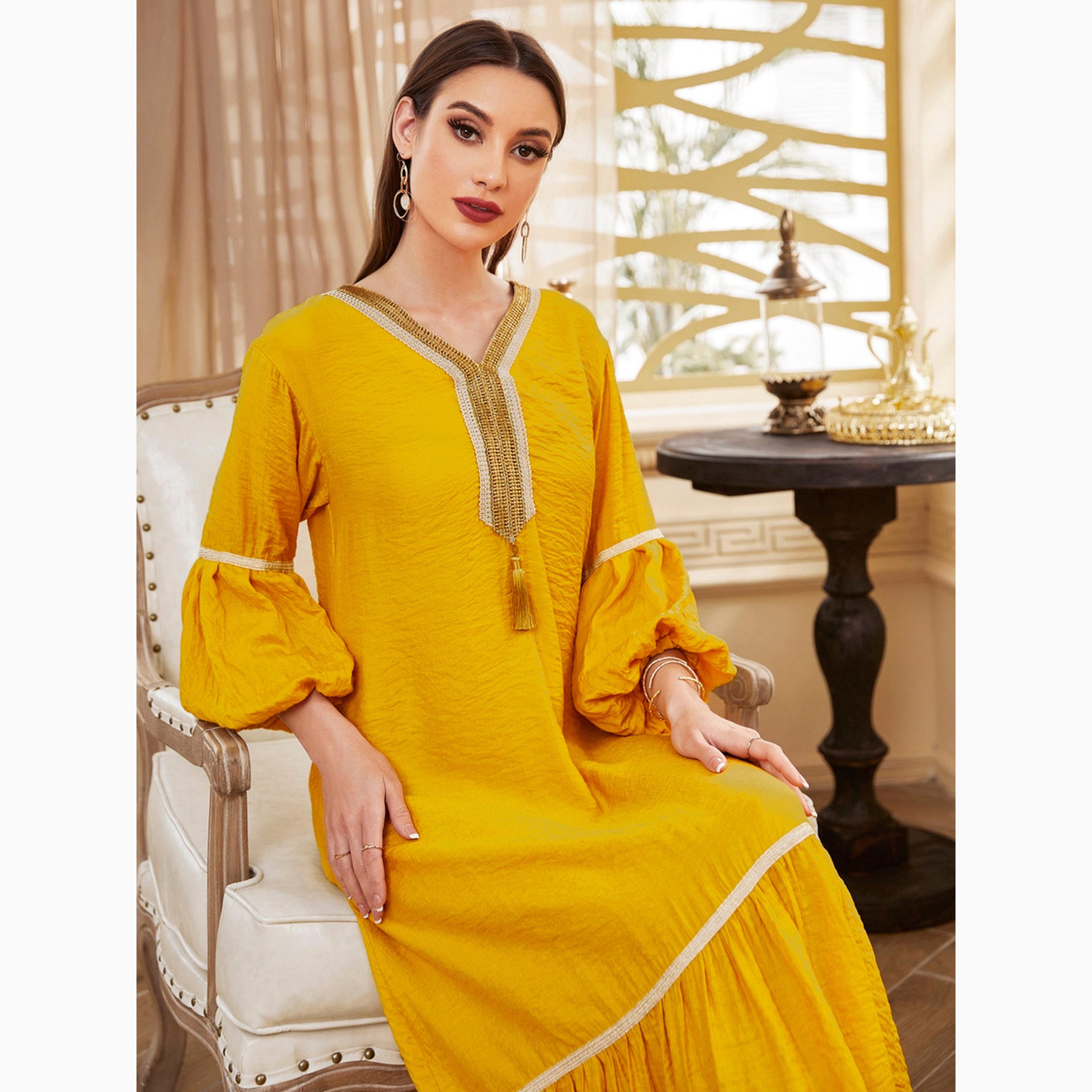 فستان طويل بحافة واسعة لون أصفر-women-clothing-dresses-image-5