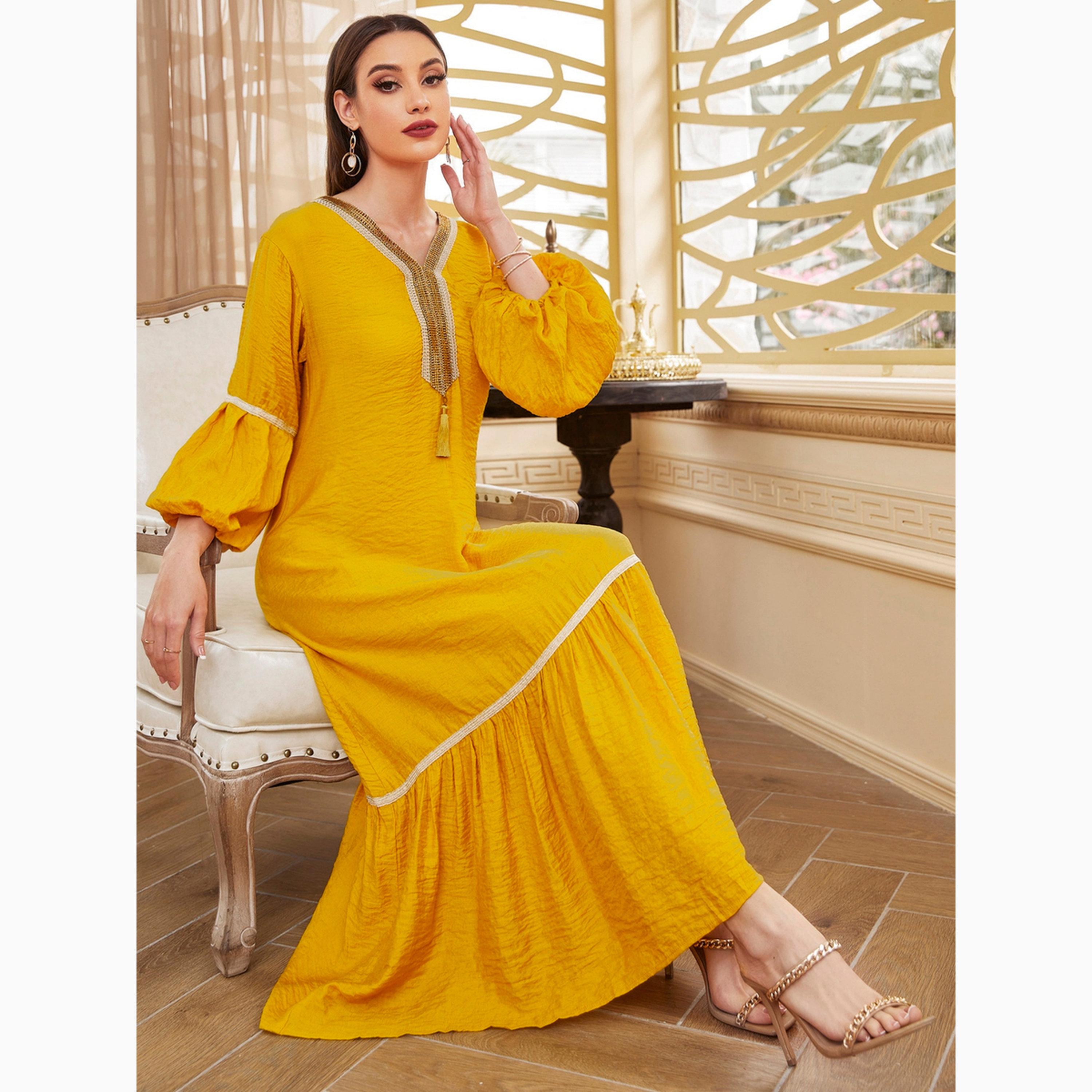 فستان طويل بحافة واسعة لون أصفر-women-clothing-dresses-image-6