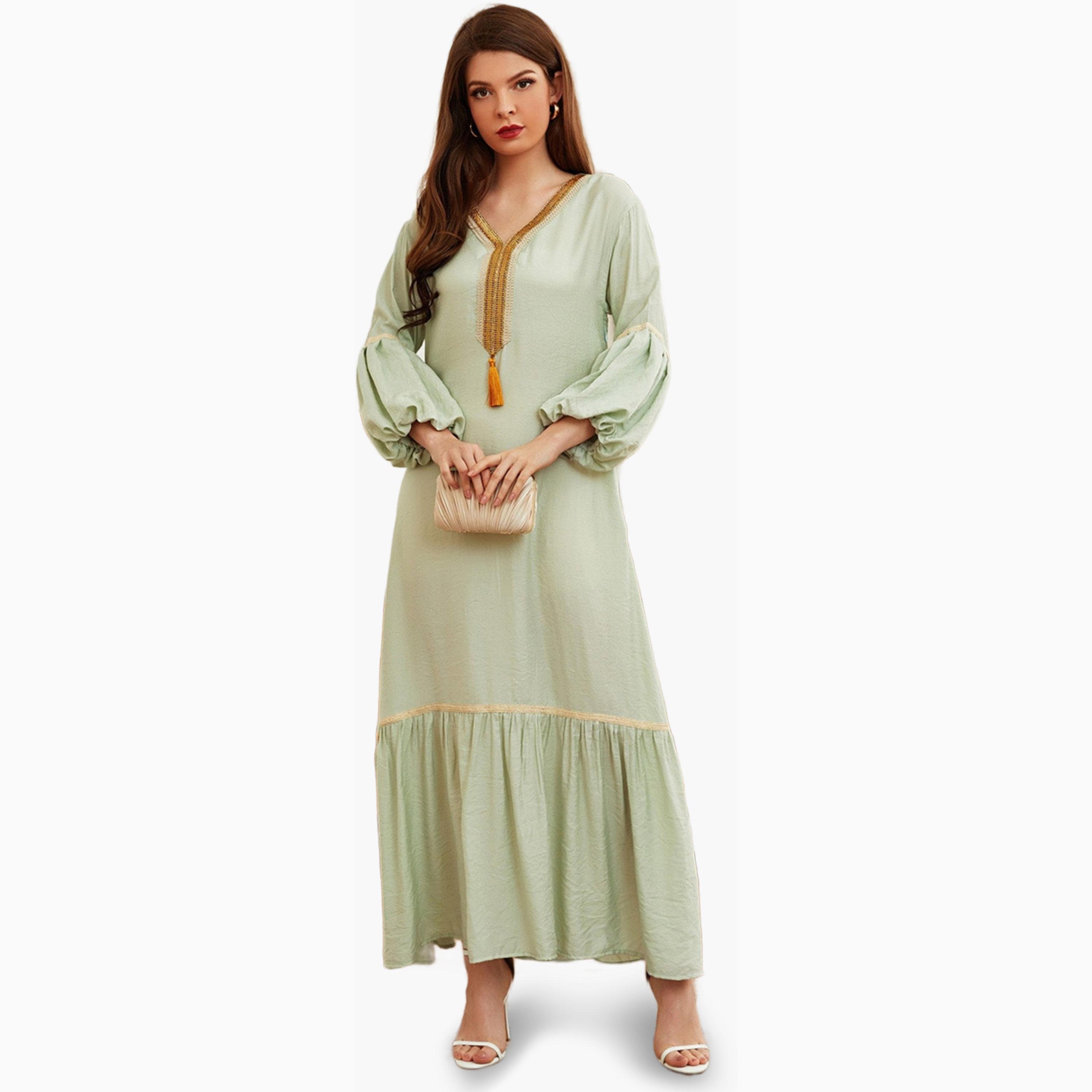 فستان طويل بحافة واسعة لون أخضر-women-clothing-dresses-image-1