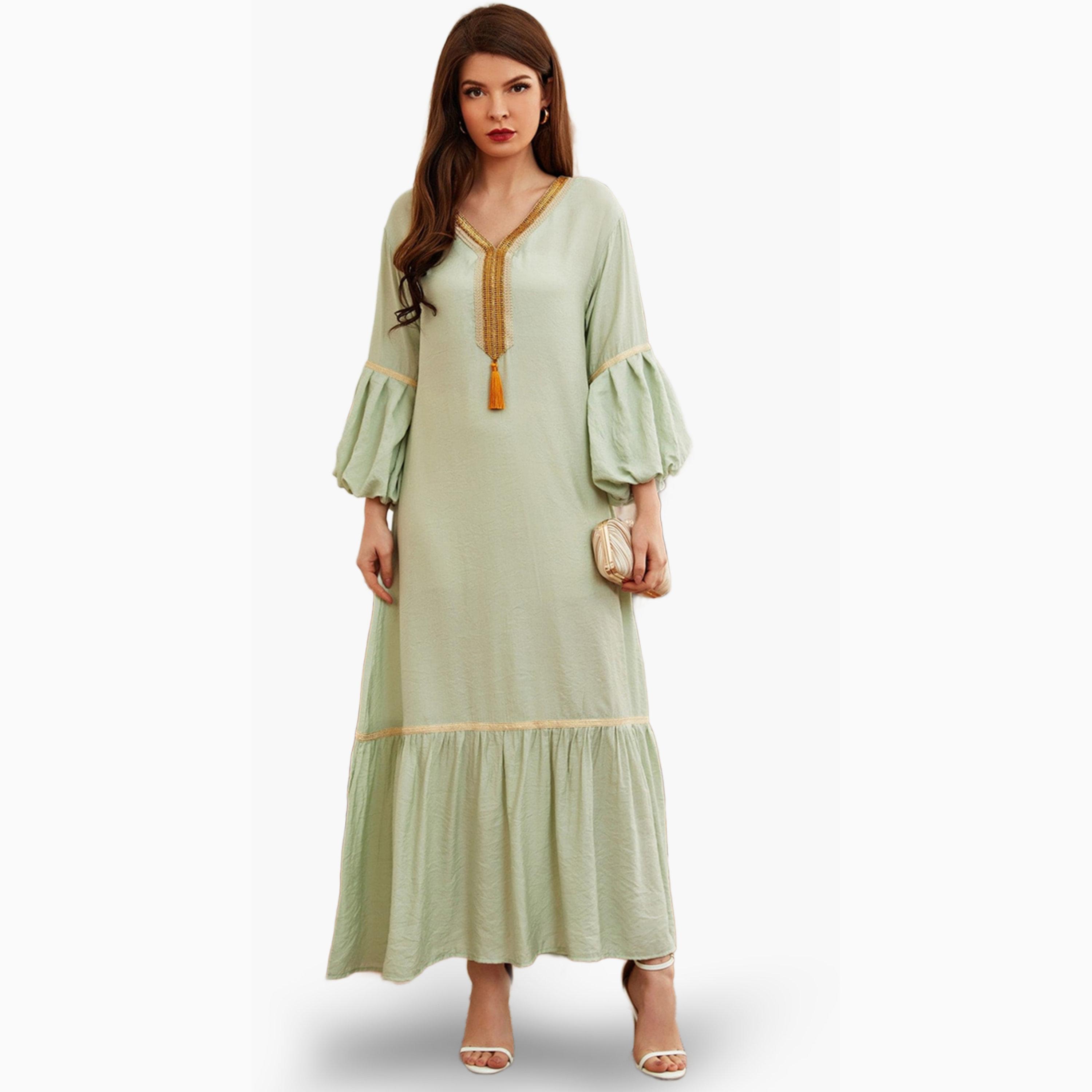 فستان طويل بحافة واسعة لون أخضر-women-clothing-dresses-image-3