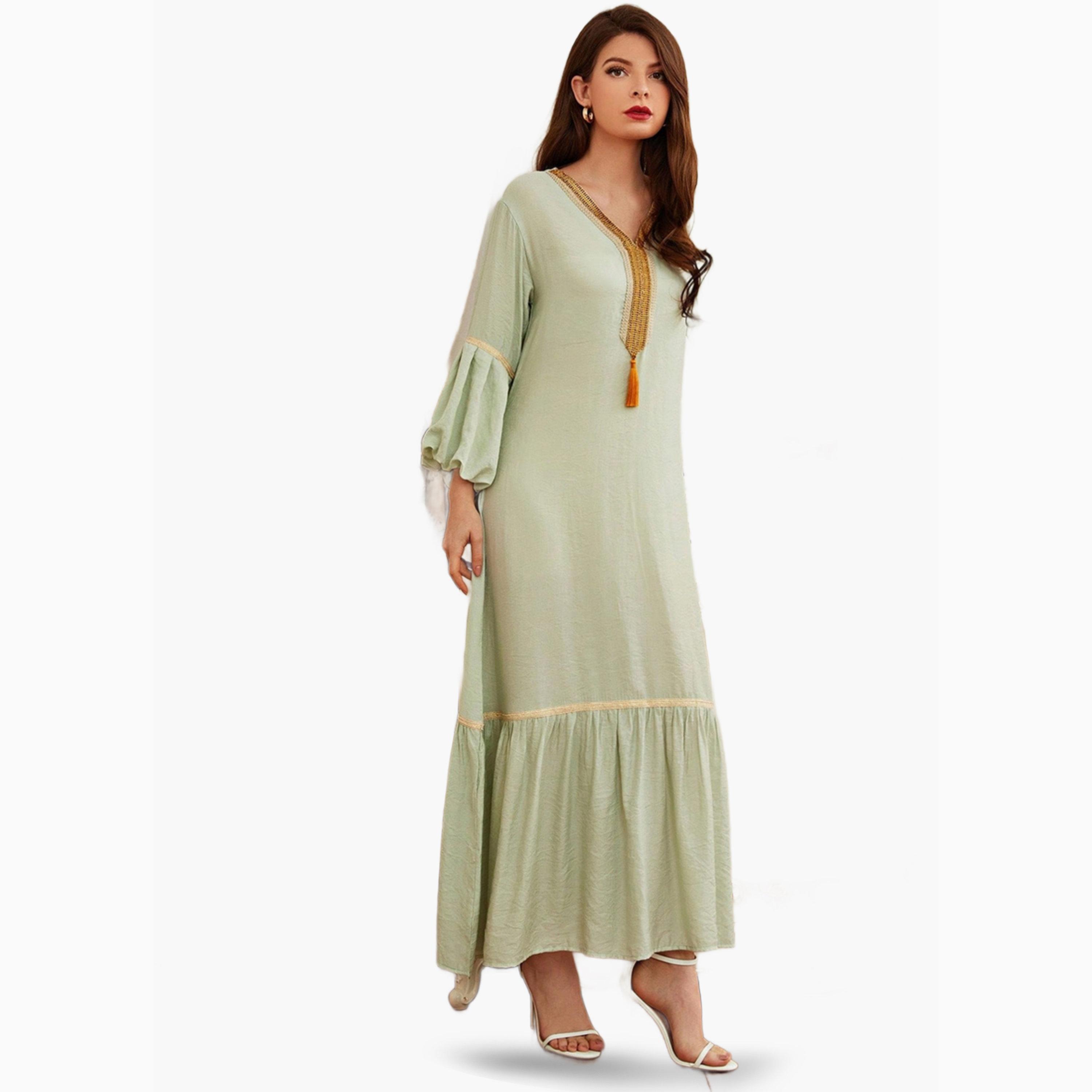 فستان طويل بحافة واسعة لون أخضر-women-clothing-dresses-image-5