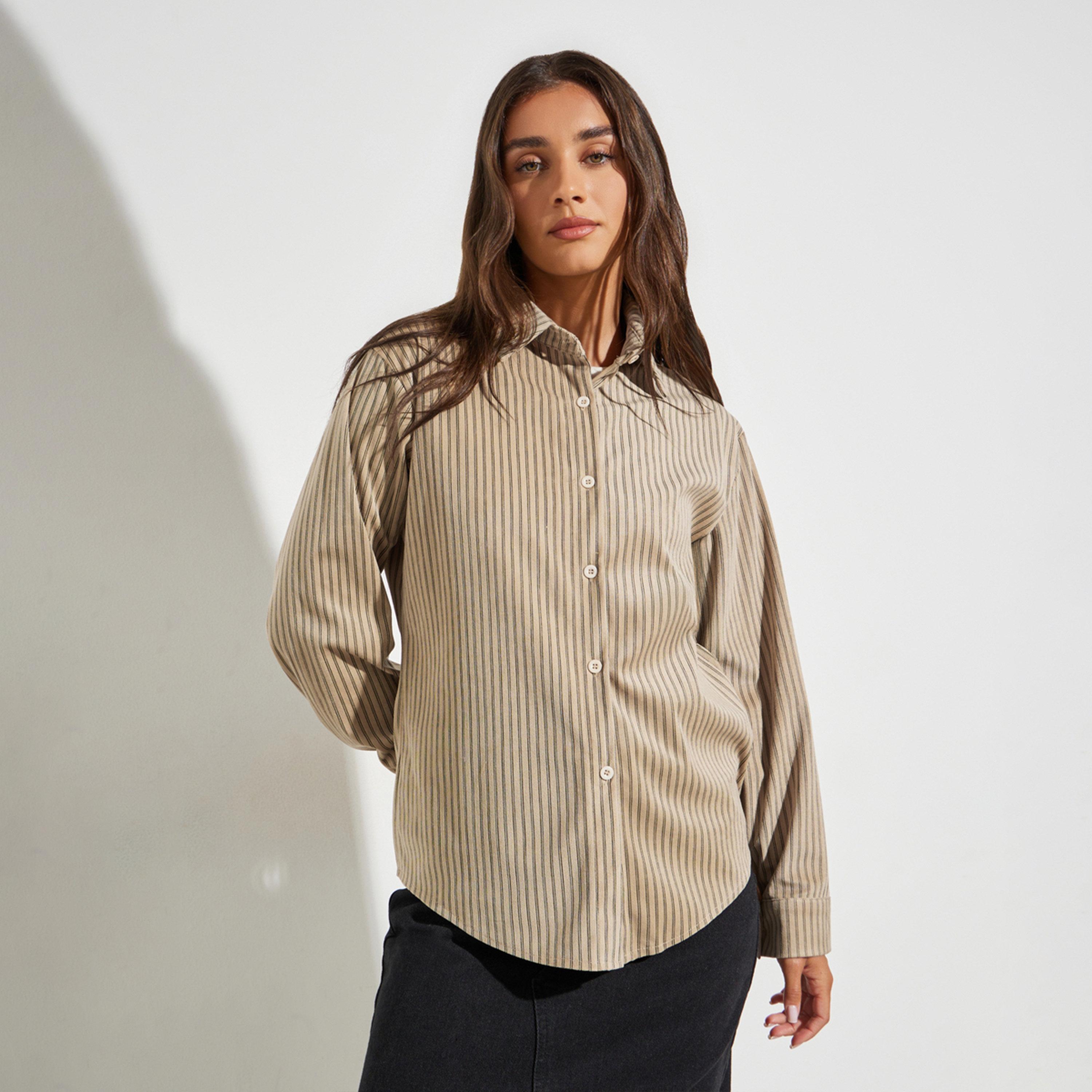 Styli Beige Striped Long Sleeve Oversized Shirt-women-clothing-shirtsandblouses-shirts-image-1