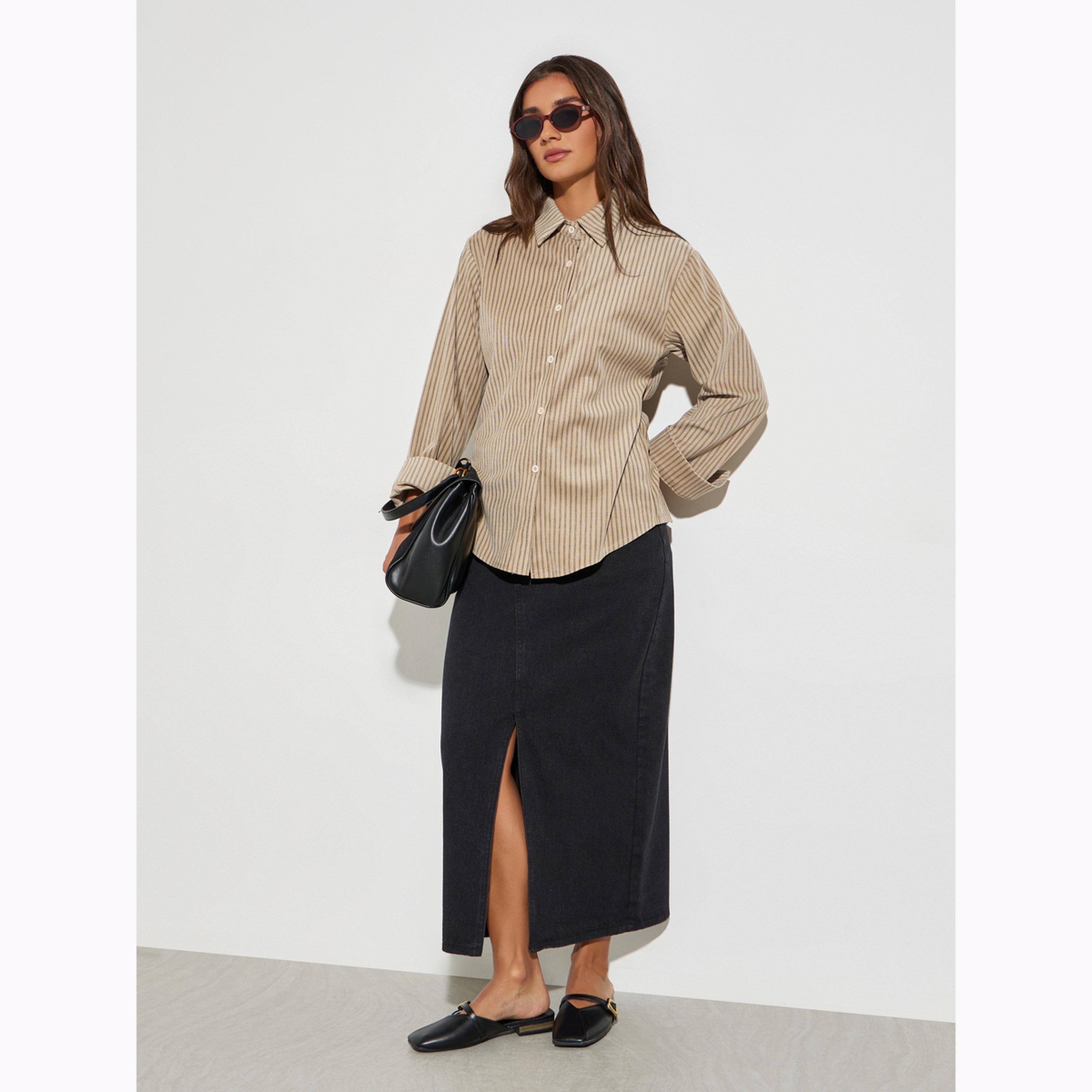 Styli Beige Striped Long Sleeve Oversized Shirt-women-clothing-shirtsandblouses-shirts-image-2