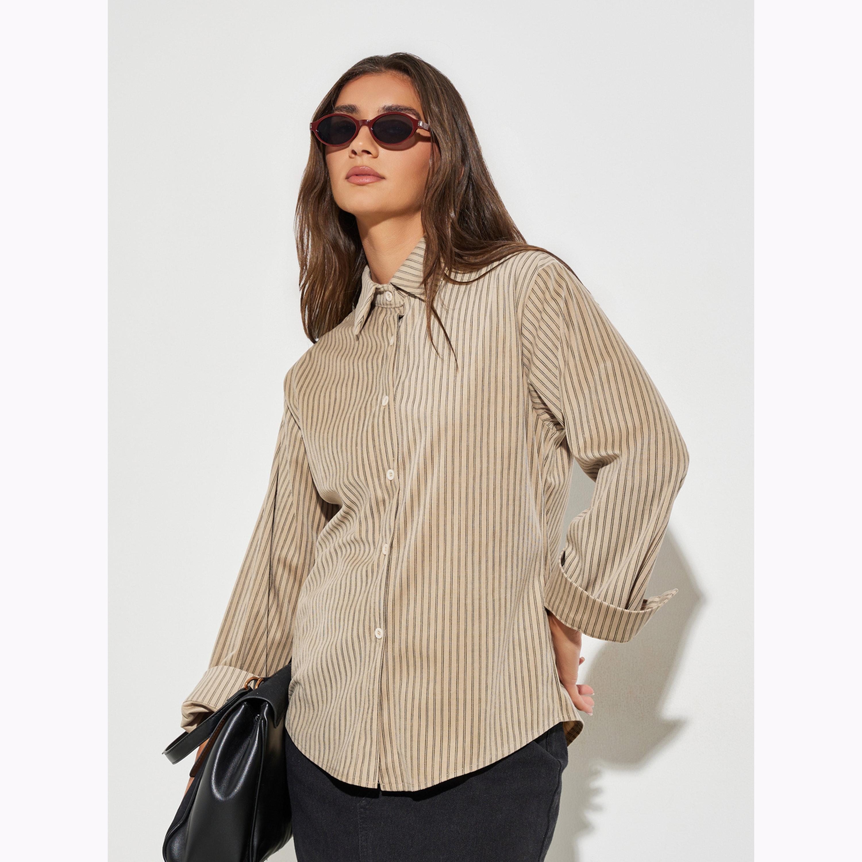 بلوزة فضفاضة مخططة بأكمام طويلة بلون بيج-women-clothing-shirtsandblouses-shirts-image-3
