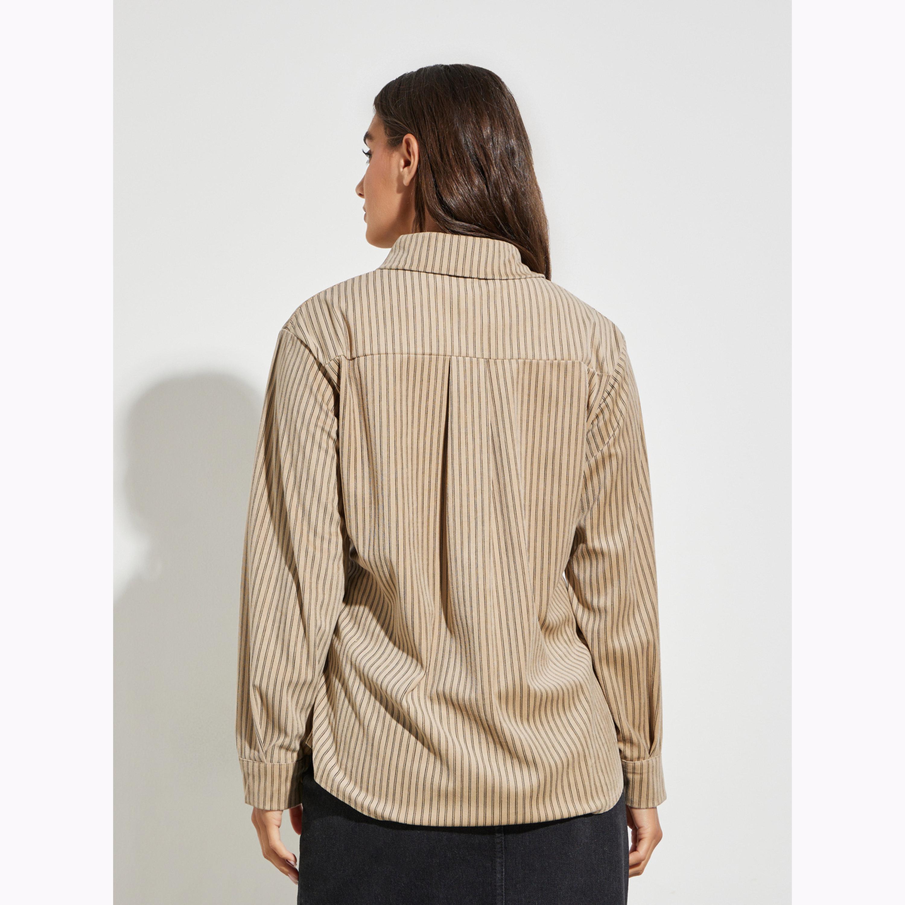 Styli Beige Striped Long Sleeve Oversized Shirt-women-clothing-shirtsandblouses-shirts-image-4