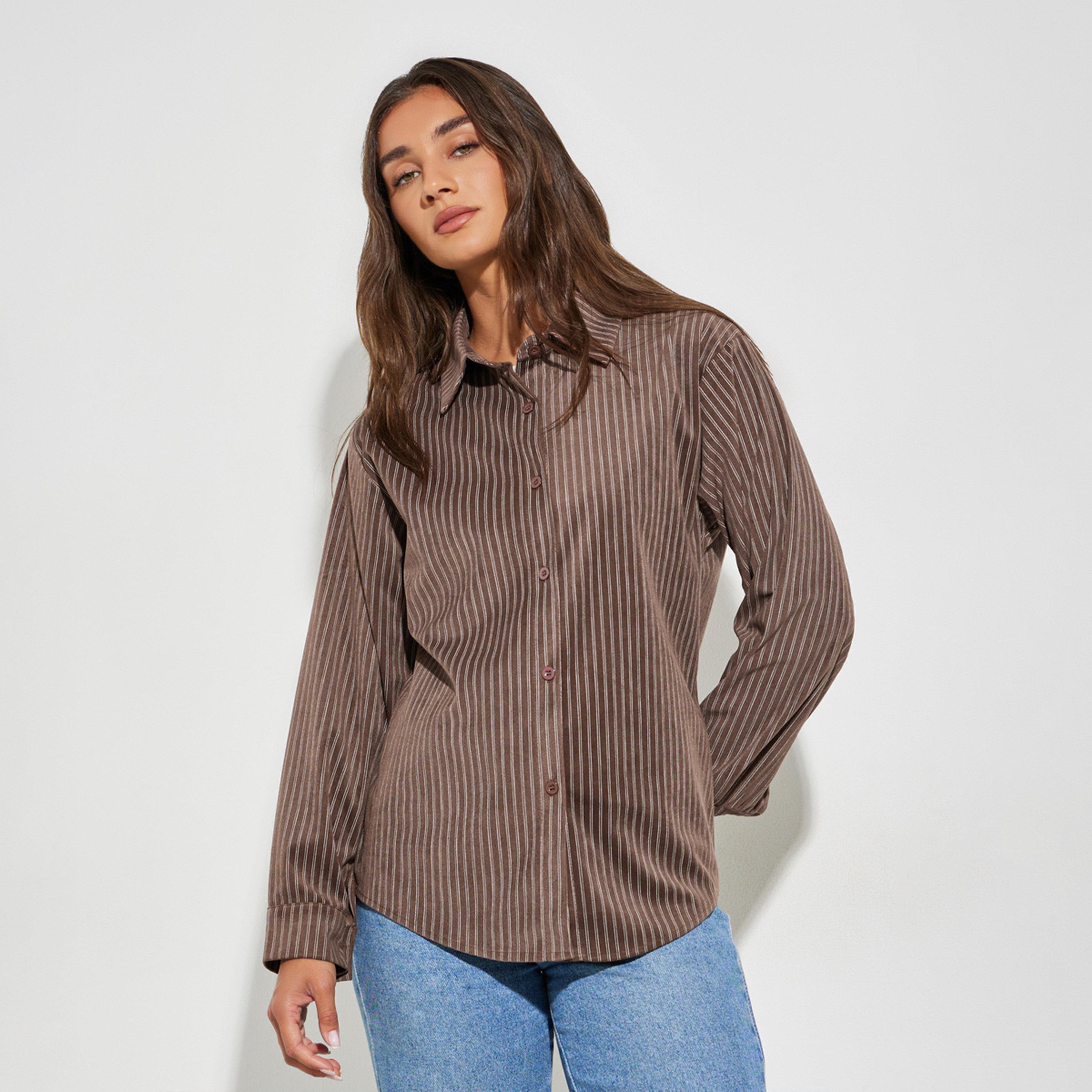 بلوزة فضفاضة مخططة بأكمام طويلة بلون بني-women-clothing-shirtsandblouses-shirts-image-1